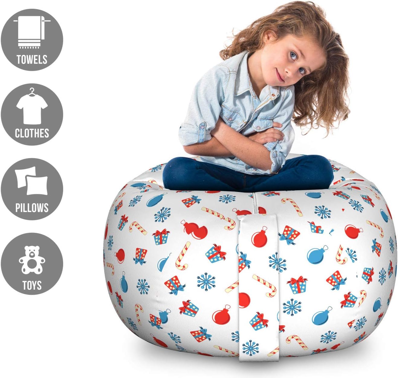 Ambesonne Christmas Storage Toy Bag Chair, Snowflakes Surprise Present Boxes Classical Candy Canes and Noel Baubles, Stuffed Animal Organizer Washable Bag, Large Size, Scarlet Beige