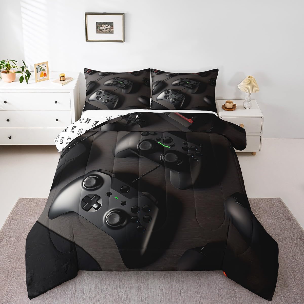 Loussiesd Zestaw kołder dla graczy King Gaming Down Comforter dla dziewcząt nastolatków nowoczesny kontroler konsoli do gier zestaw pościeli joystick dekoracja pokoju czarna kołdra zestaw