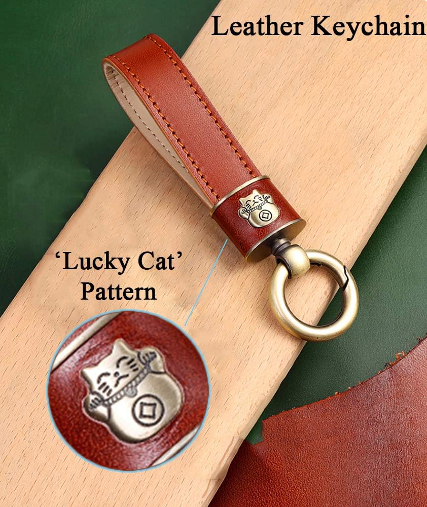 SANRILY Genuine Leather Key Cover for Porsche Macan Cayenne 911 Panamera Keyless Entry Remote Key Holder Key Protection Case with Lucky Cat Keychain Brown
