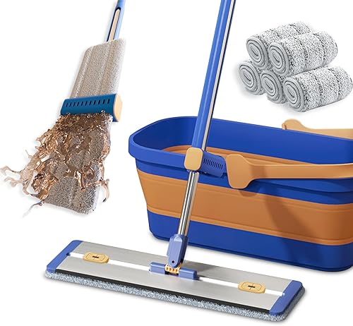 16.5" Microfiber Self Wringing Flat mop,Wet Dry mops for Cleaning Floors,with 55" Long Handle for Wall Cleaner with Squeegee (New Mop & 5 Microfiber