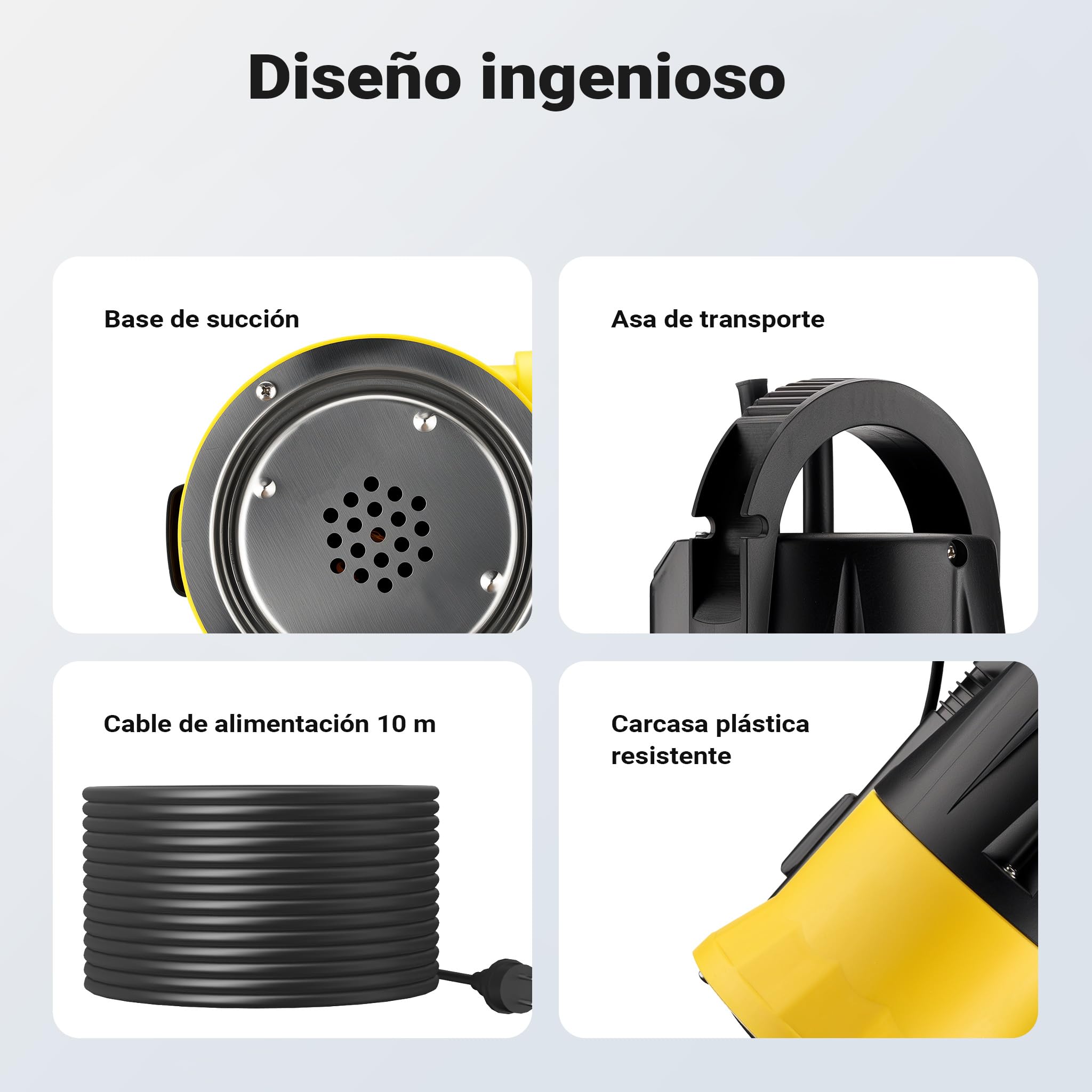 Wiltec Bomba de agua sumergible 400W con sensor, caudal 7300 l/h, 2 modos de uso, altura de descarga 7,5 m, PPO y acero inoxidable, ligera y anticorrosiva