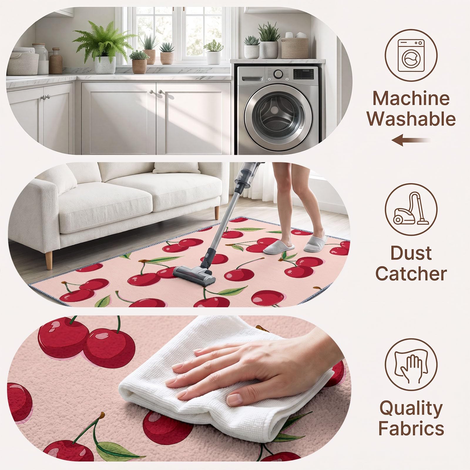 Générique 160 x 230 cm Tapis Décoratif en Flanelle Confort Minimalisme Plantes Cerises Feuilles Vertes Rose Tapis Doux Hypoallergénique pour Salon et Chambre – Design Moderne, Entretien Facile