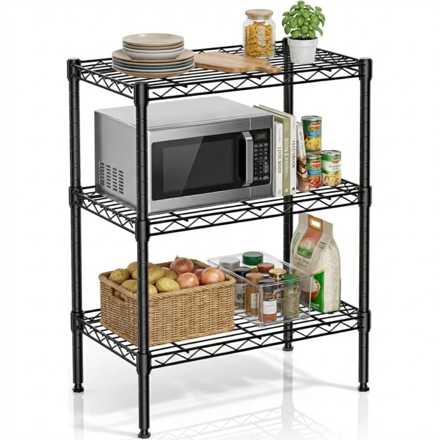 Compact 3-Tier Heavy Duty Storage Rack | 300kg Load Capacity | Adjustable Shelves | Easy No-Tool Assembly | 60L x 35W x 85H CM | Space Saving Black Storage Unit for Home & Kitchen