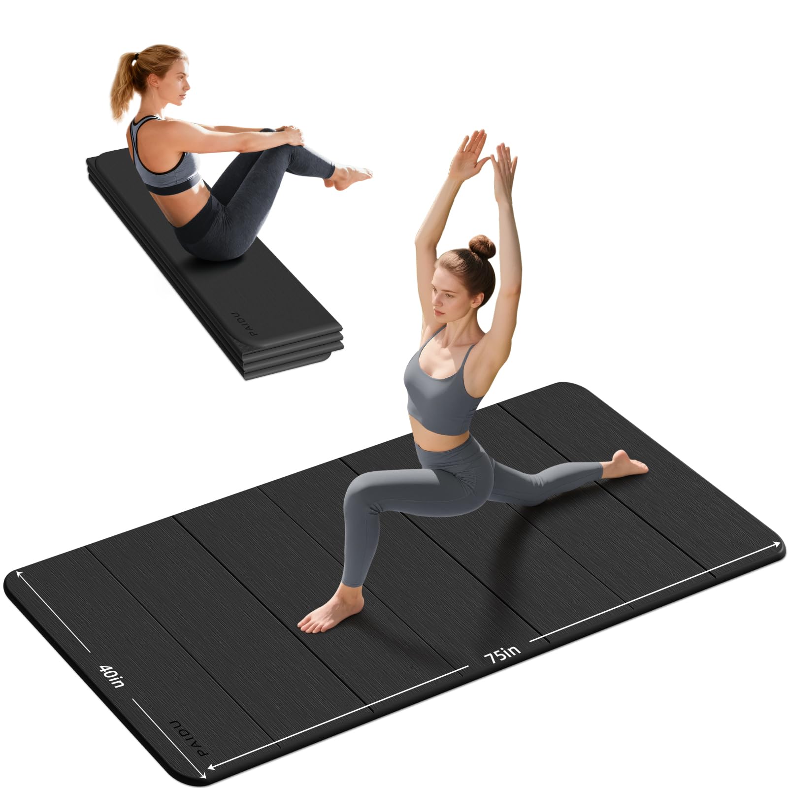 PAIDU Foldable Yoga Mat 10mm Thick TPE Non-Slip, Extra Large 190x100cm, Portable Quick Fold & Easy Storage for Home Yoga, Pilates & Outdoor Travel Workouts (Black)