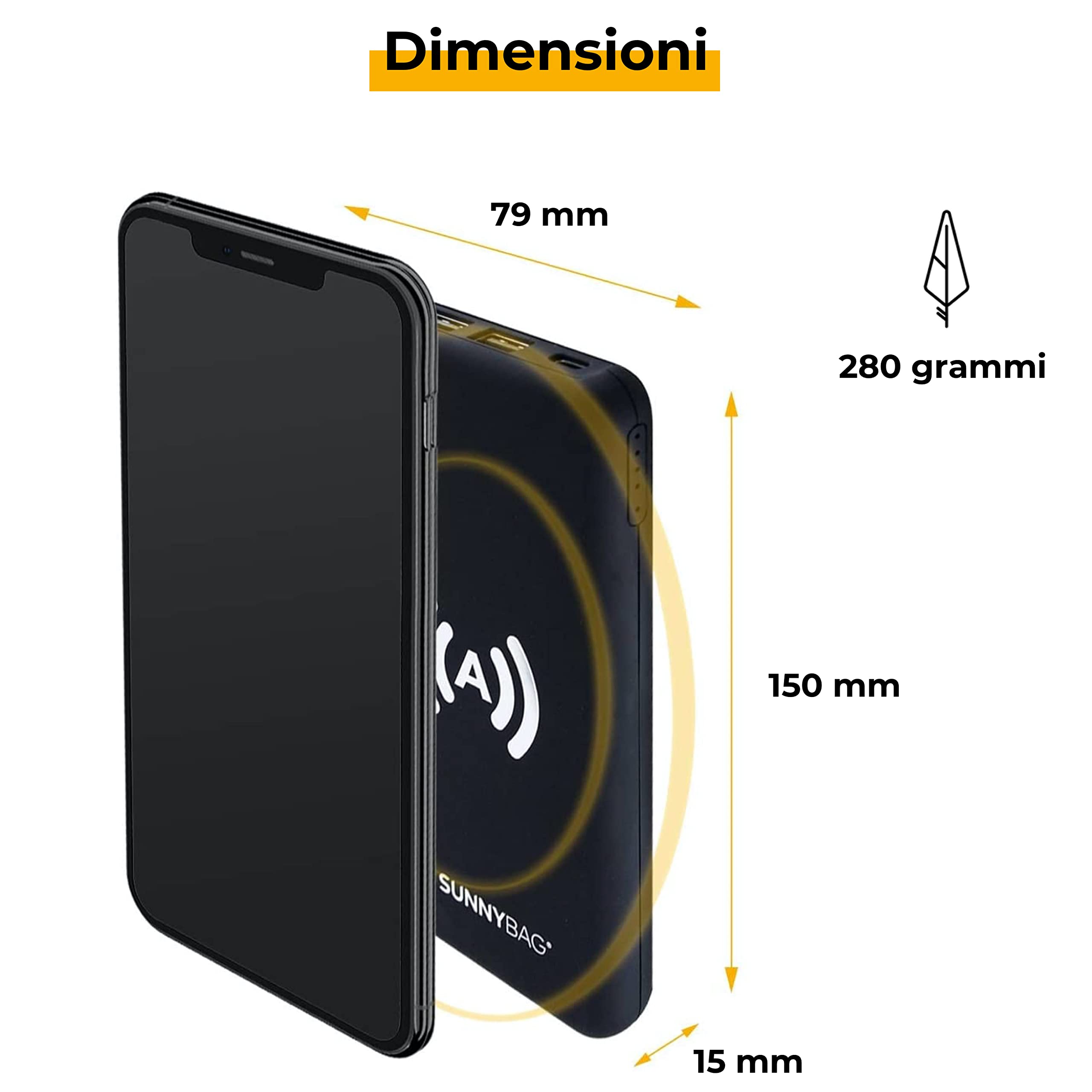 Sunnybag POWERPACK | Power Bank 10.000mAh Caricabatterie Portatile Caricatore Wireless con 2 Porte USB e una porta micro-USB | incluso cavo micro USB e adattatore Type-C