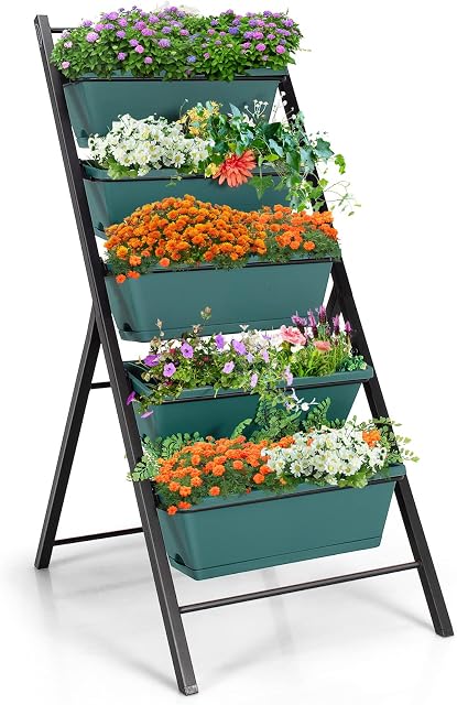 COSTWAY 5-Tier Raised Garden Bed, Vertical Garden Planter with 5 Removable Trays, Drainage Holes and Foot Pads, Indoor Outdoor Elevated Flower Herb Growing Box for Patio Yard Balcony (Green)