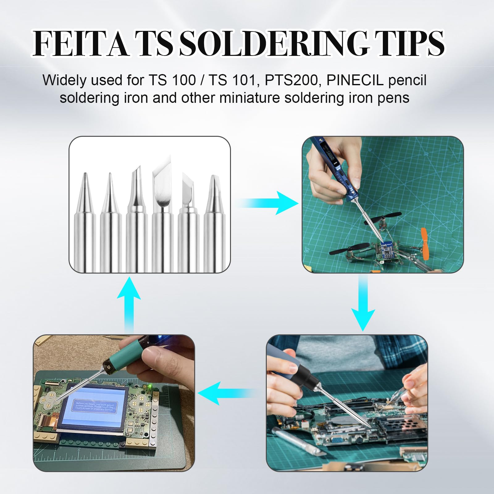 FEITA Pinecil TS100 Punte di ricambio per mini penna portatile micro saldatura, vari modelli, accessori per saldatura (TS-I/BC2/KU, 3 pezzi)