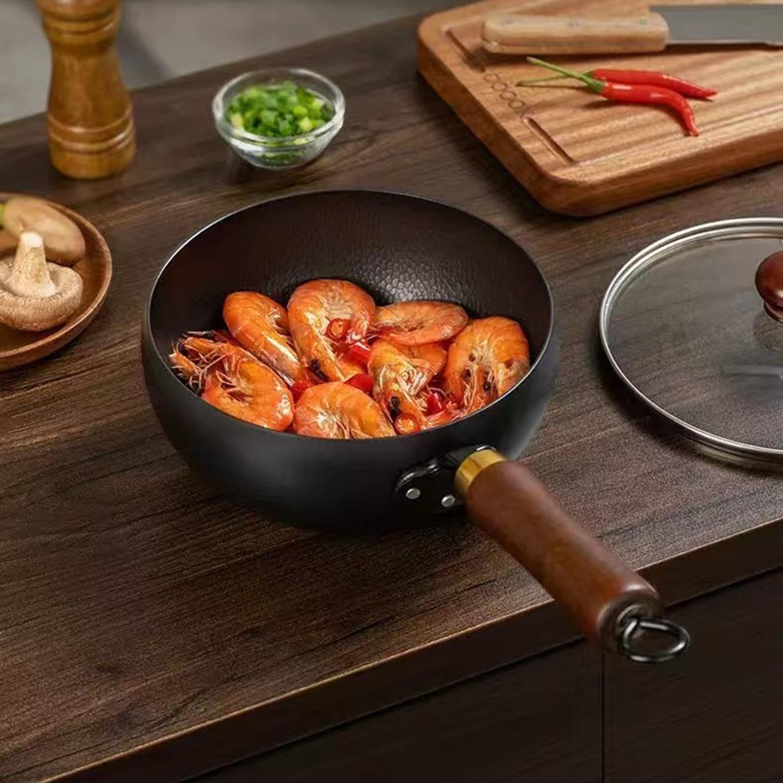 Głęboka Patelnia Do Smażenia z Drewnianą Rączką