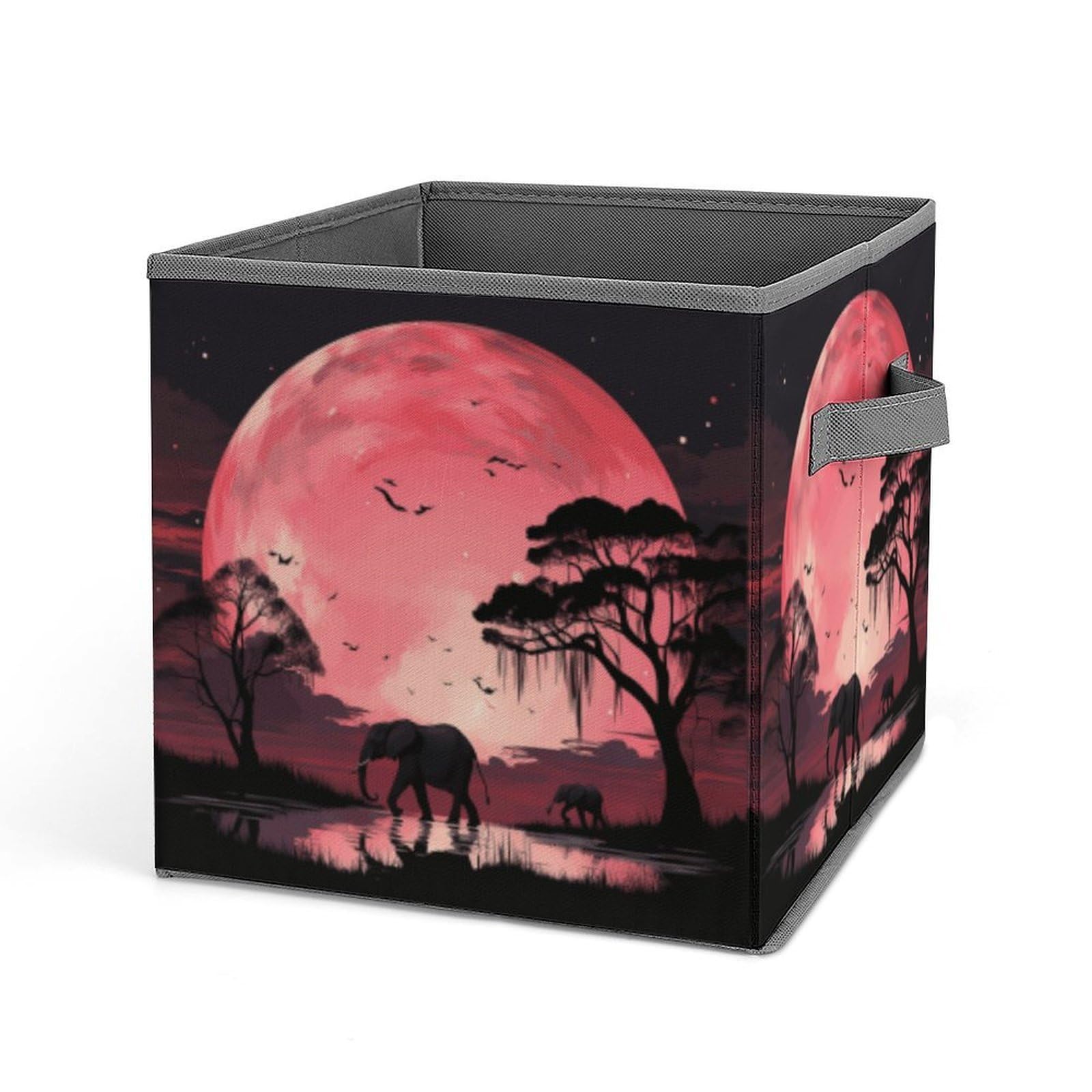 Pink Moon Elephant Storage Baskets Collapsible, Exquisite Pattern Cube Box, Canvas Fabric Storage Bins with Handles, Clothe Organizer Box for Home Decorative Office Bedroom