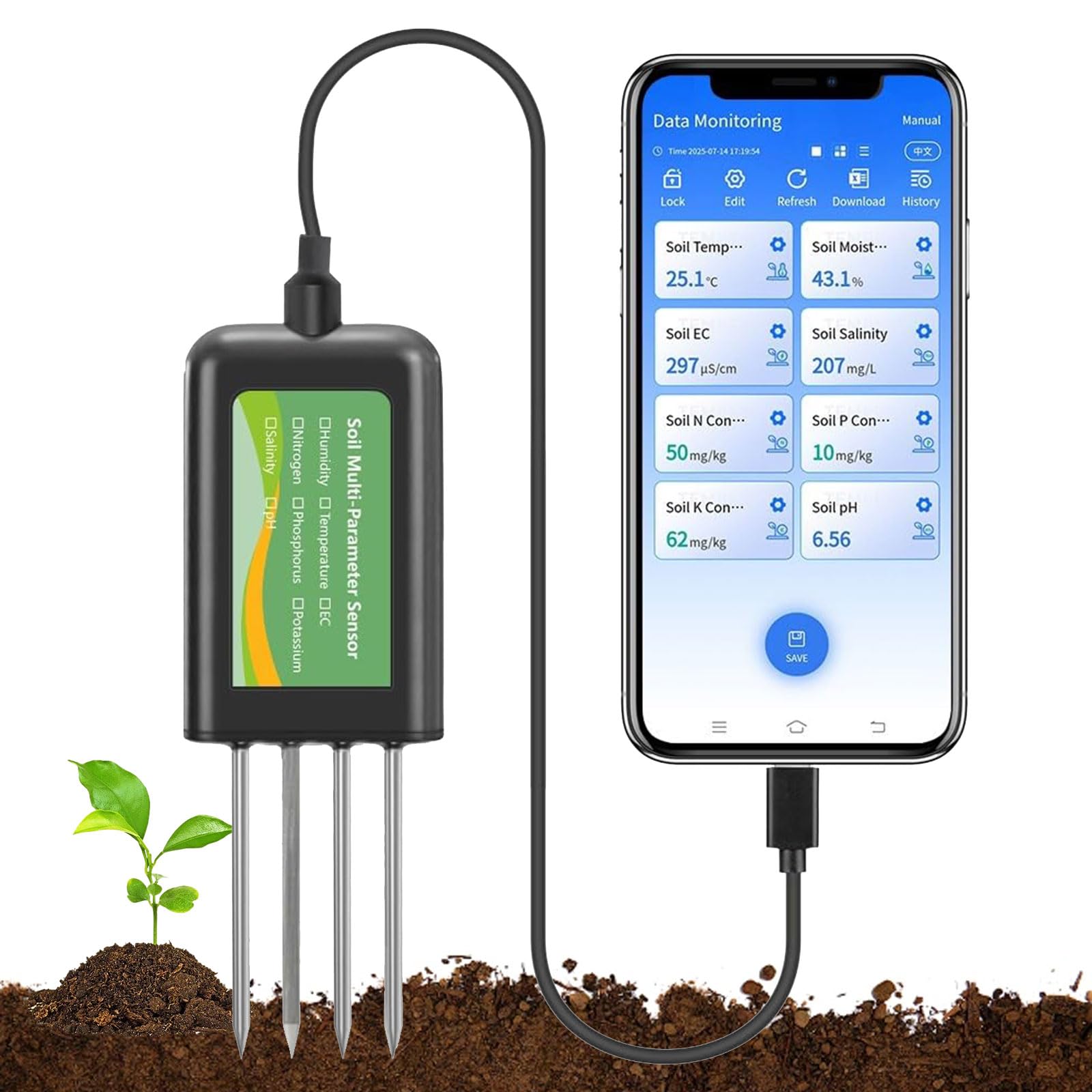 Sensore per terreno USB 7 in 1 con pH, temperatura, umidità NPK, misuratore per test del suolo con sonda resistente, monitor per la crescita delle piante da giardinaggio agricolo per Android