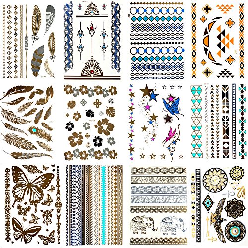 24 SHEETS - Lola Tatt Premium Sheets of Metallic Temporary Tattoos Gold, Silver and Multi-Colored.