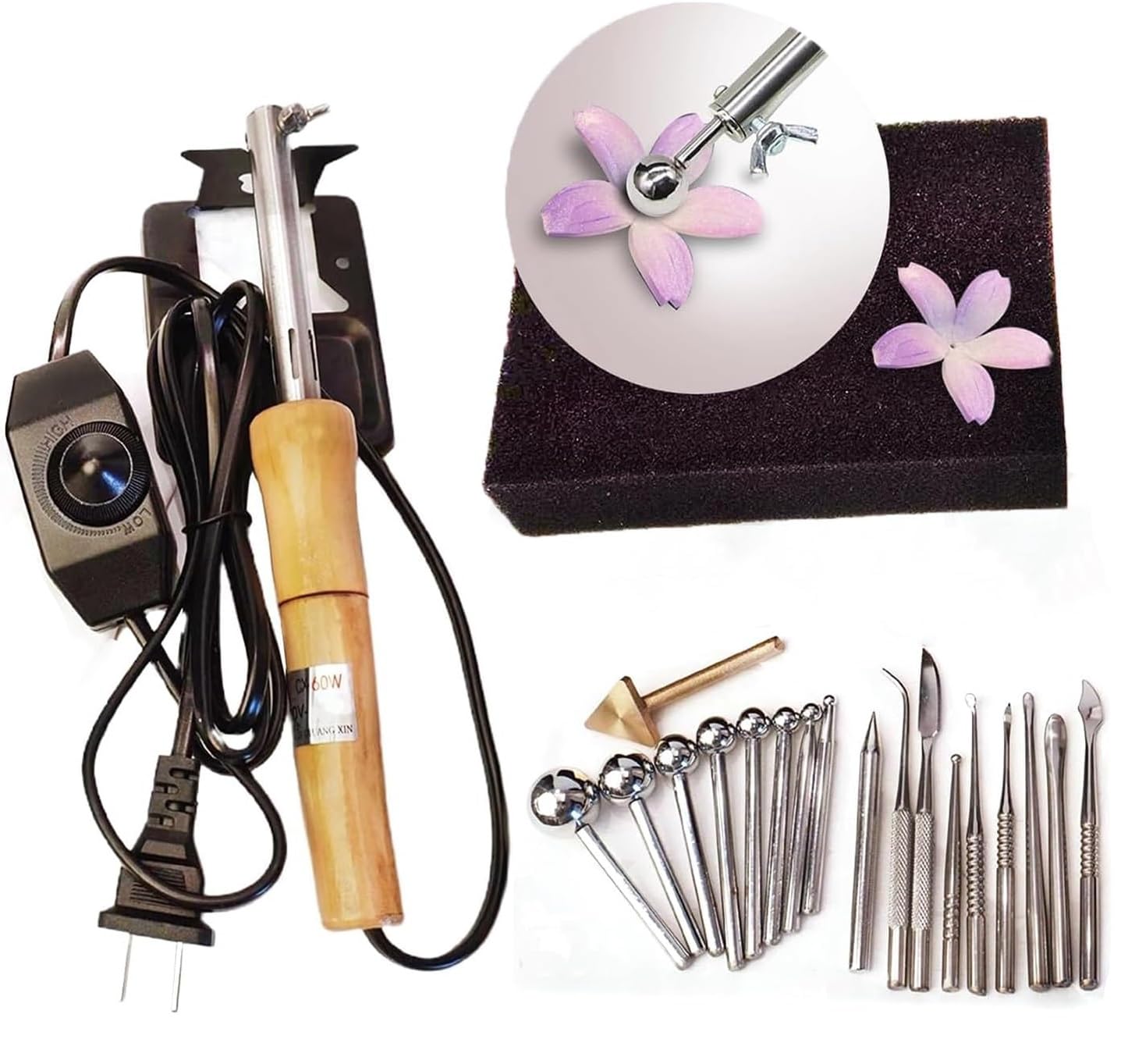 wodjcks Máquina multifuncional para hacer flores artificiales, plancha eléctrica para bricolaje, 18 piezas para hacer flores de tela falsas, tecnología control temperatura, para talleres artesanía