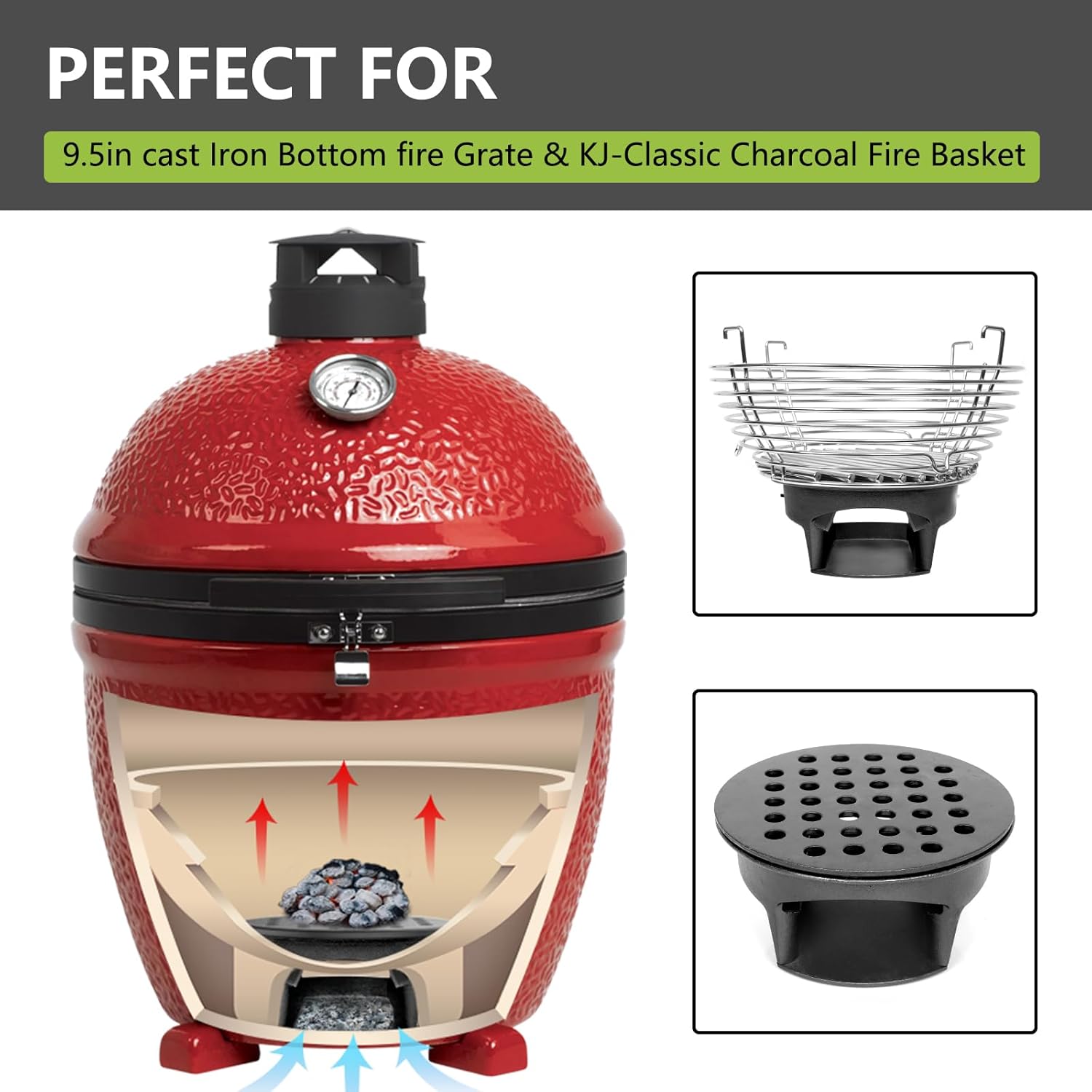 Vankey Heavy Duty Cast Iron Ash Can for Kamado Joe Classic Joe Grill Compatible with Original Slid-Out Ash Drawer, Fire Grate & Fire Basket Ventilated Design for Enhanced Airflow & Fast Ash Removal