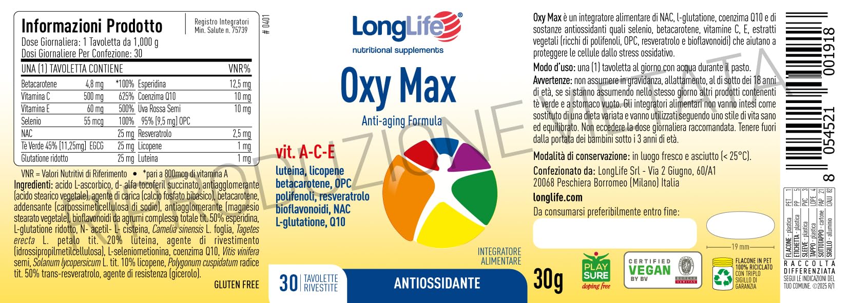 LongLife® Oxy Max | Selenio e vitamine A-C-E | Con luteina, licopene, betacarotene, OPC, resveratrolo, bioflavonoidi, NAC, L-glutatione e Q10 | Antiossidante | 30 tavolette | Vegano e senza glutine