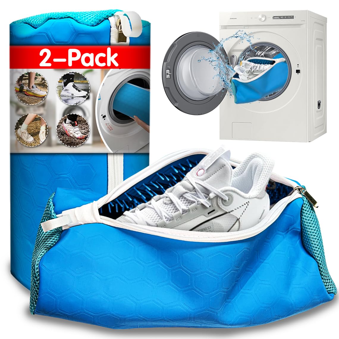 2 Pack Shoe Washing Bag,Laundry Shoe Bag For Washing Machine.Durable Silicone material No fading.Reusable Sneaker Washing Bag.Large For All Shoe Sizes(Blue)