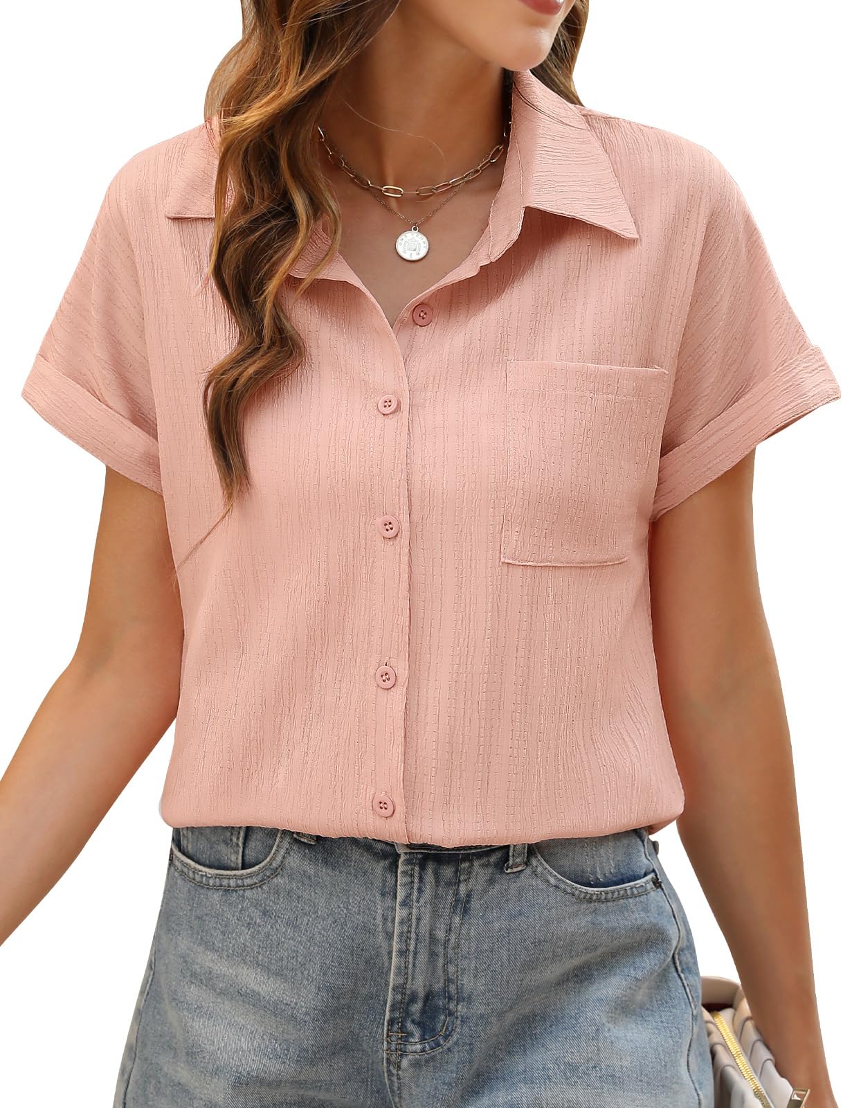 PASUDA Bluse Damen Sommer Elegant Hemdbluse Kurzarm Blusen Musselin Hemd Tunika Tops V-Ausschnitt Button-Down Sommer Oberteile Casual Basic Shirt mit Tasche Blusen