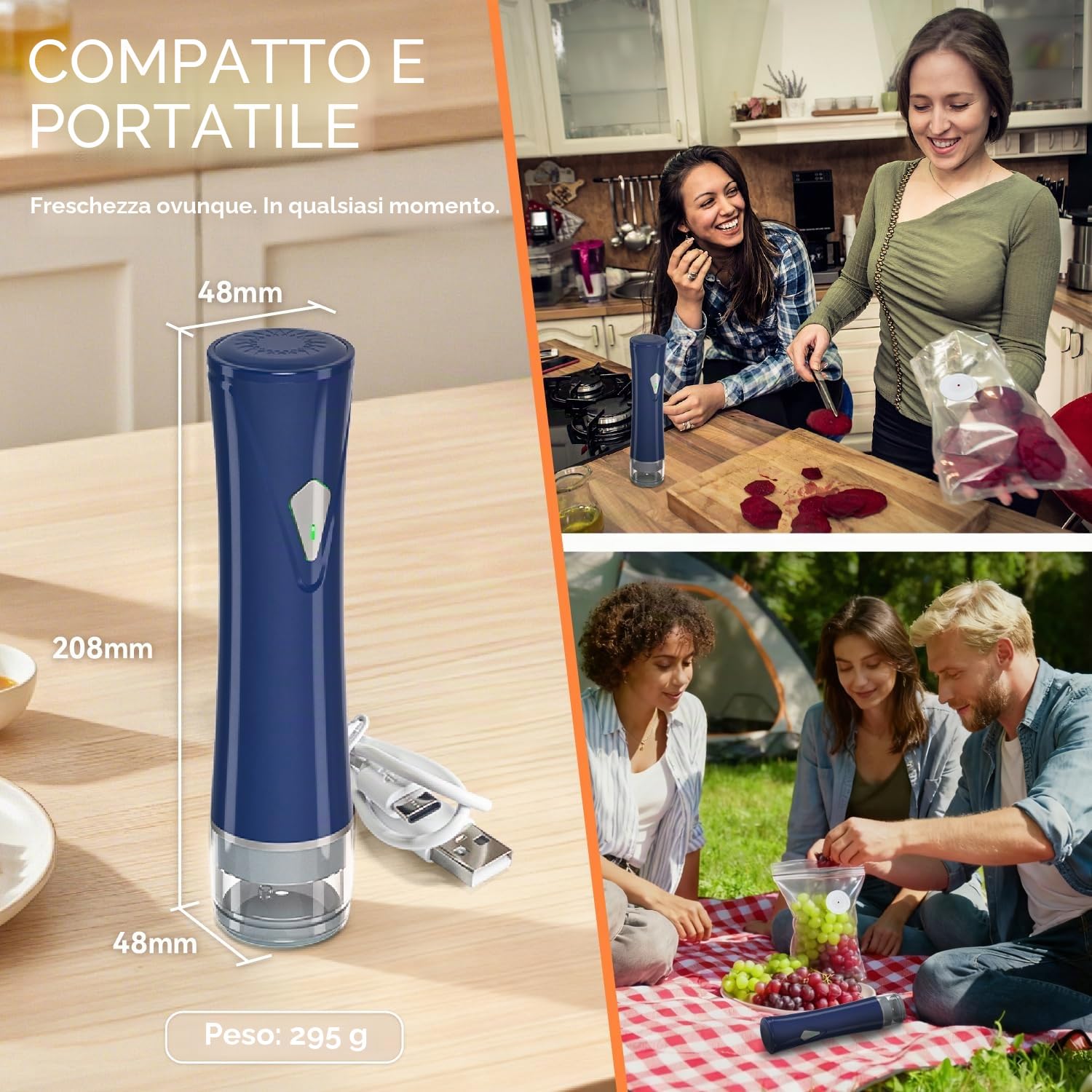 GPUTEK Piccola macchina sottovuoto alimenti, con una potenza di aspirazione di 60 kPa, dispositivo per il sottovuoto con 15 sacchetti riutilizzabili, ricarica USB,per casa, viaggi, campeggio