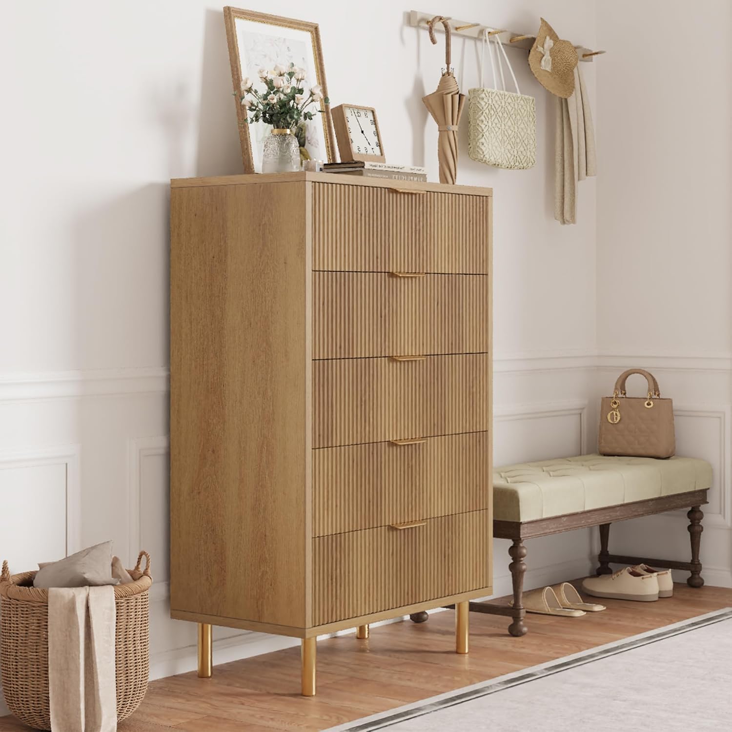 Natural Dresser, Modern 5 Drawer Dresser for Bedroom with