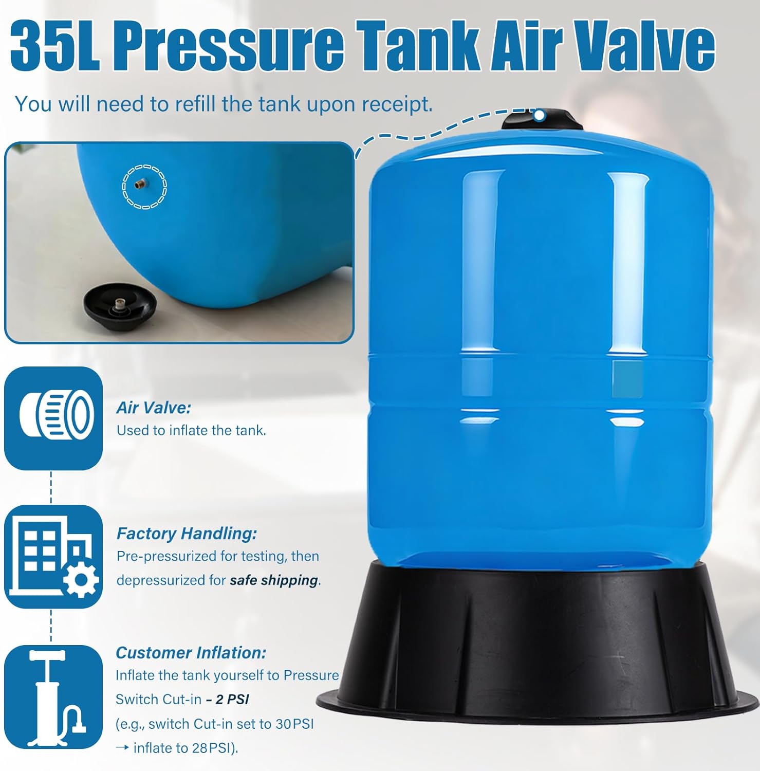 Water Pressure Tank For Well Systems, Vertical Pressurized Tank/Bladder Tank with Diaphragm & Drinking Liner, for Home Domestic Water Supply (8GAL)