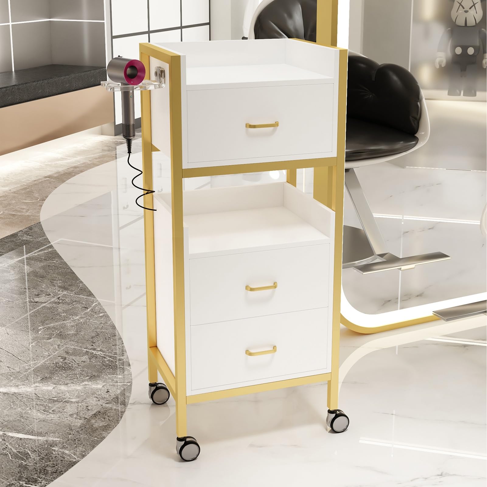 asdchZen Salon Cart - Rolling Beauty Trolley Organizer With Wheels For Hair Stylists, Estheticians, And Makeup Artists - Versatile Storage Solution For Salons And Beauty,White,Gold