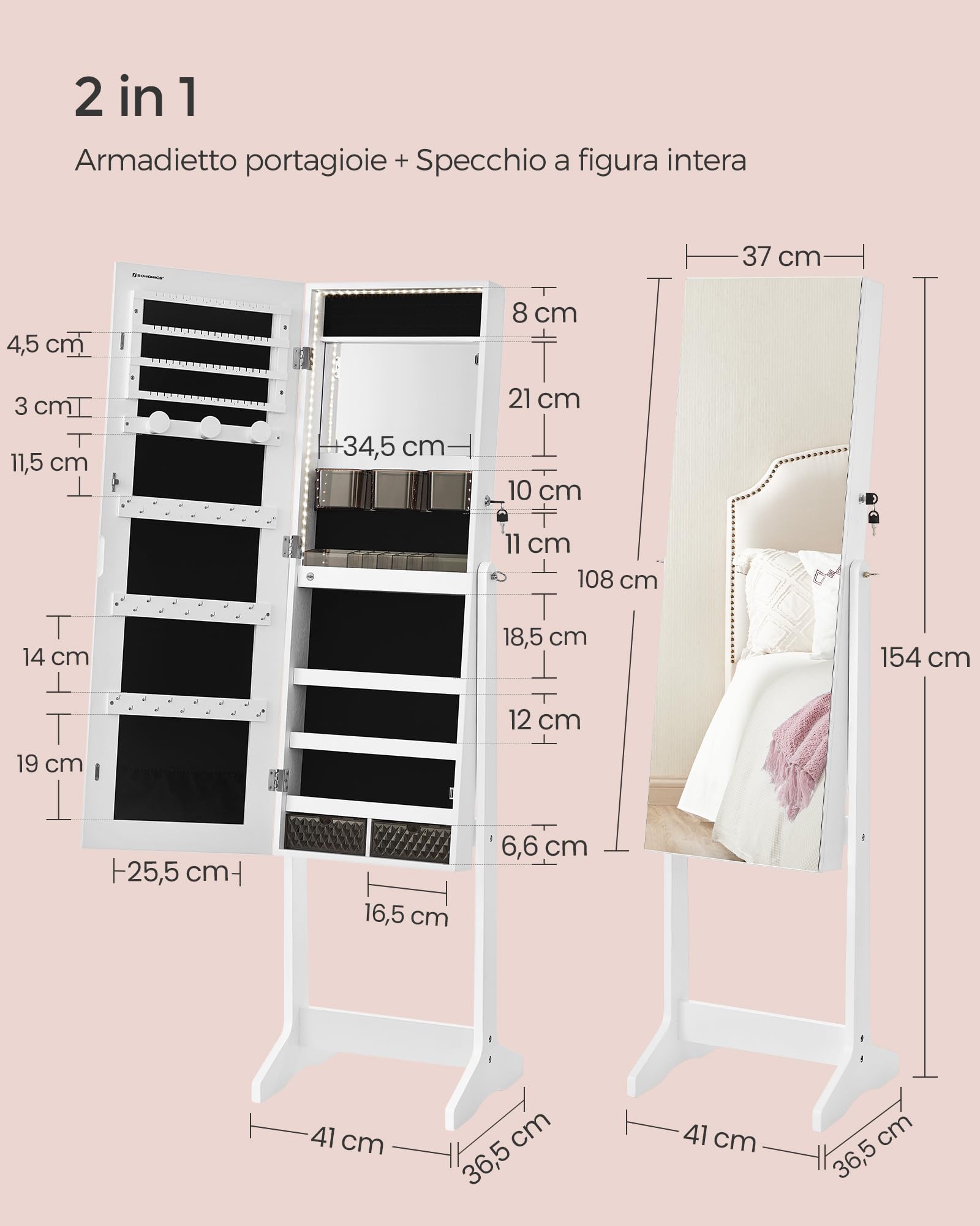 Lowander Vrijstaande Spiegelkast Ovaal 150 Cm – Staande Kast Met Spiegel Sieradenkast Met Spiegel Wit