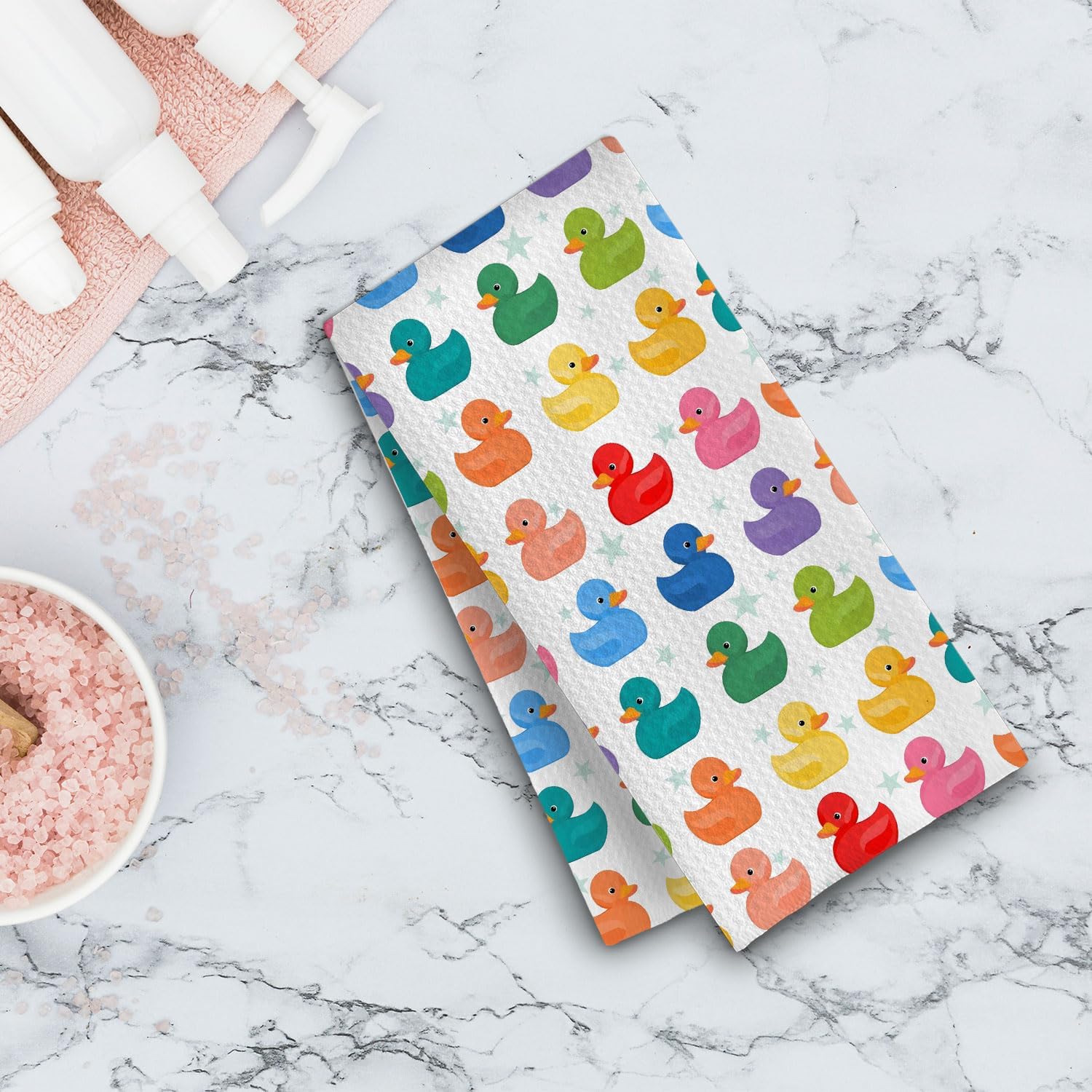 Colorful Duck Hand Towels - Kids Waffle Hand Towels for Bathroom, Duck Bathroom Decor, Rubber Ducks Decorative Kitchen Dish Towels, 16x24 Inch image 4