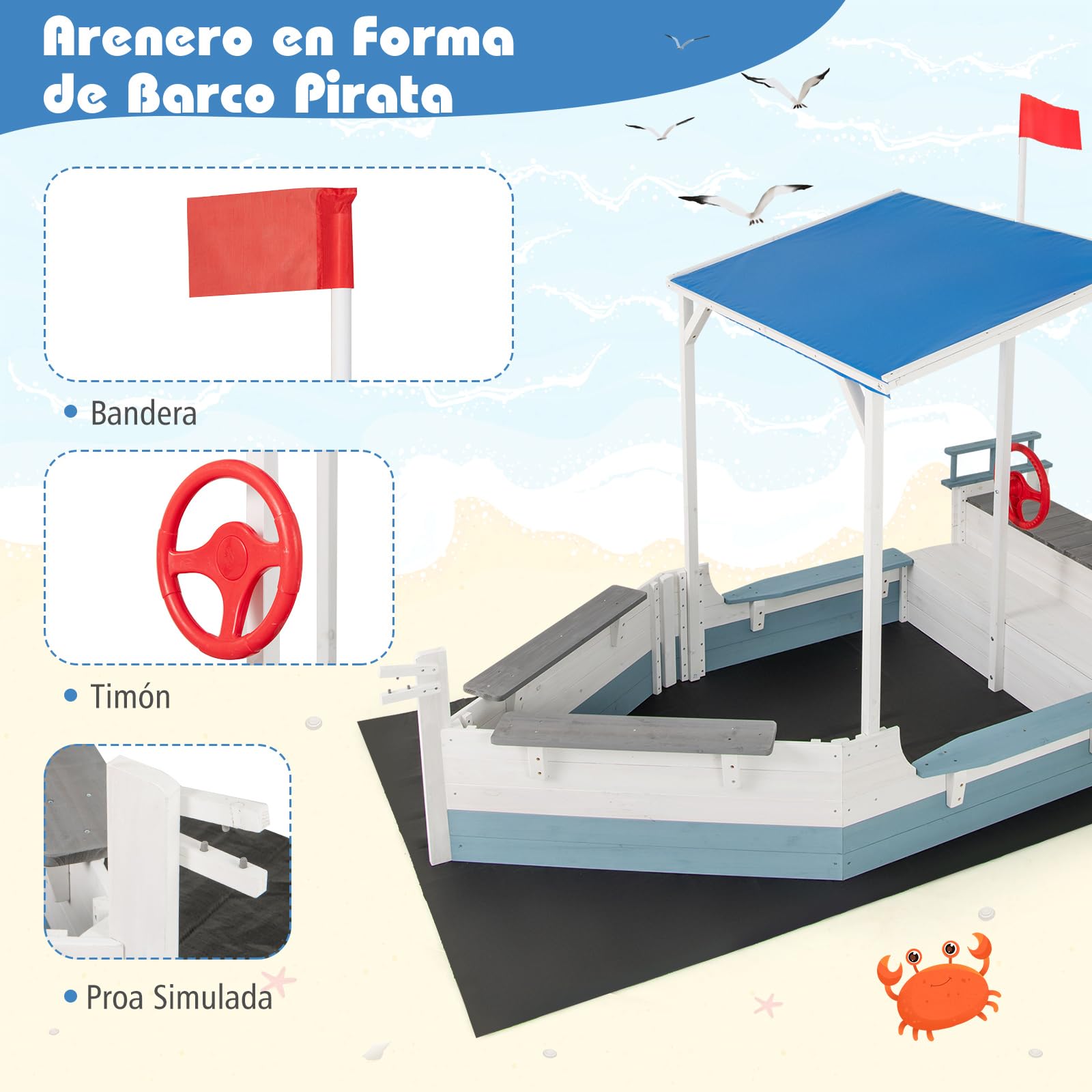 COSTWAY Arenero Infantil de Madera de Abeto con Toldo, Caja de Arena con Bandera, Timón, Asientos de Banco y Compartimentos de Almacenaje para Patio, Arenero para Niños al Aire Libre
