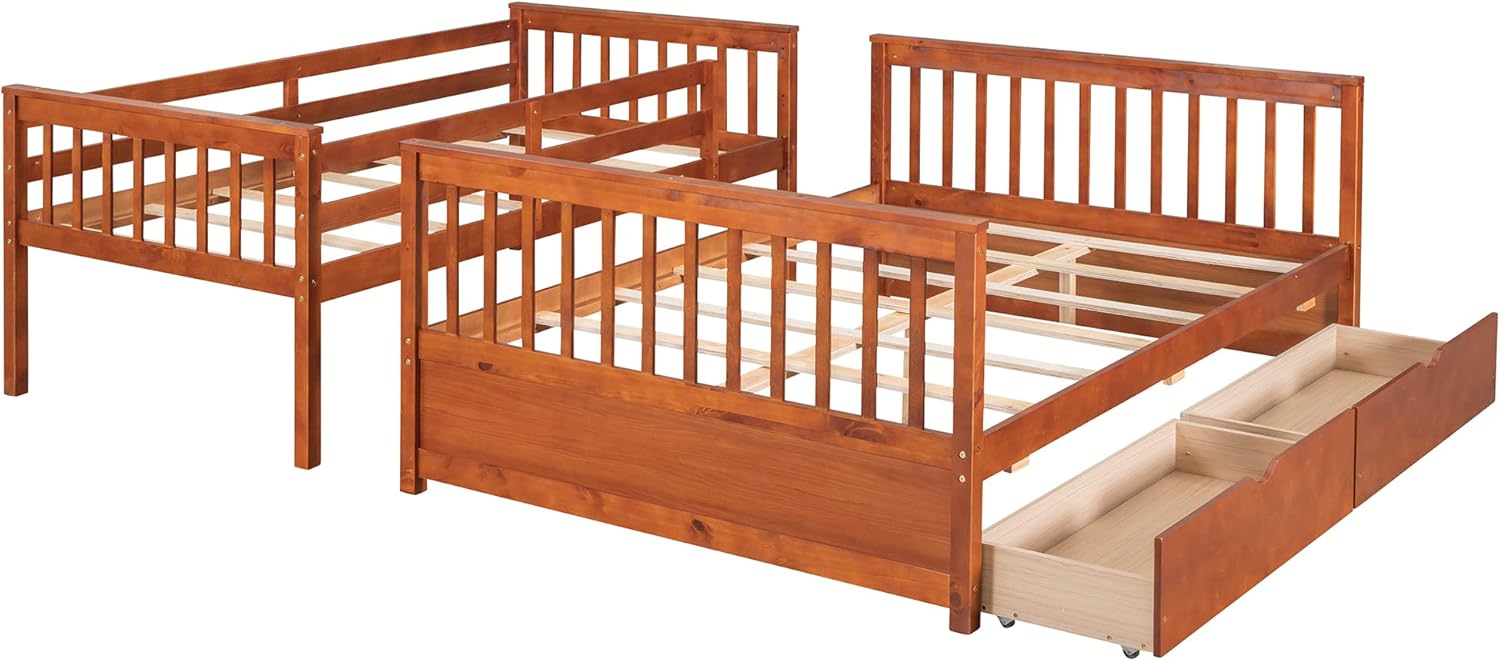 Twin Over Full Bunk Bed with Two Storage Drawers, Solid Wood Bunk Bed Frame Can be Converted Into 2 Separate Beds, Twin and Full Bunk Bed with Ladders for Kids Teens Adults，Walnut