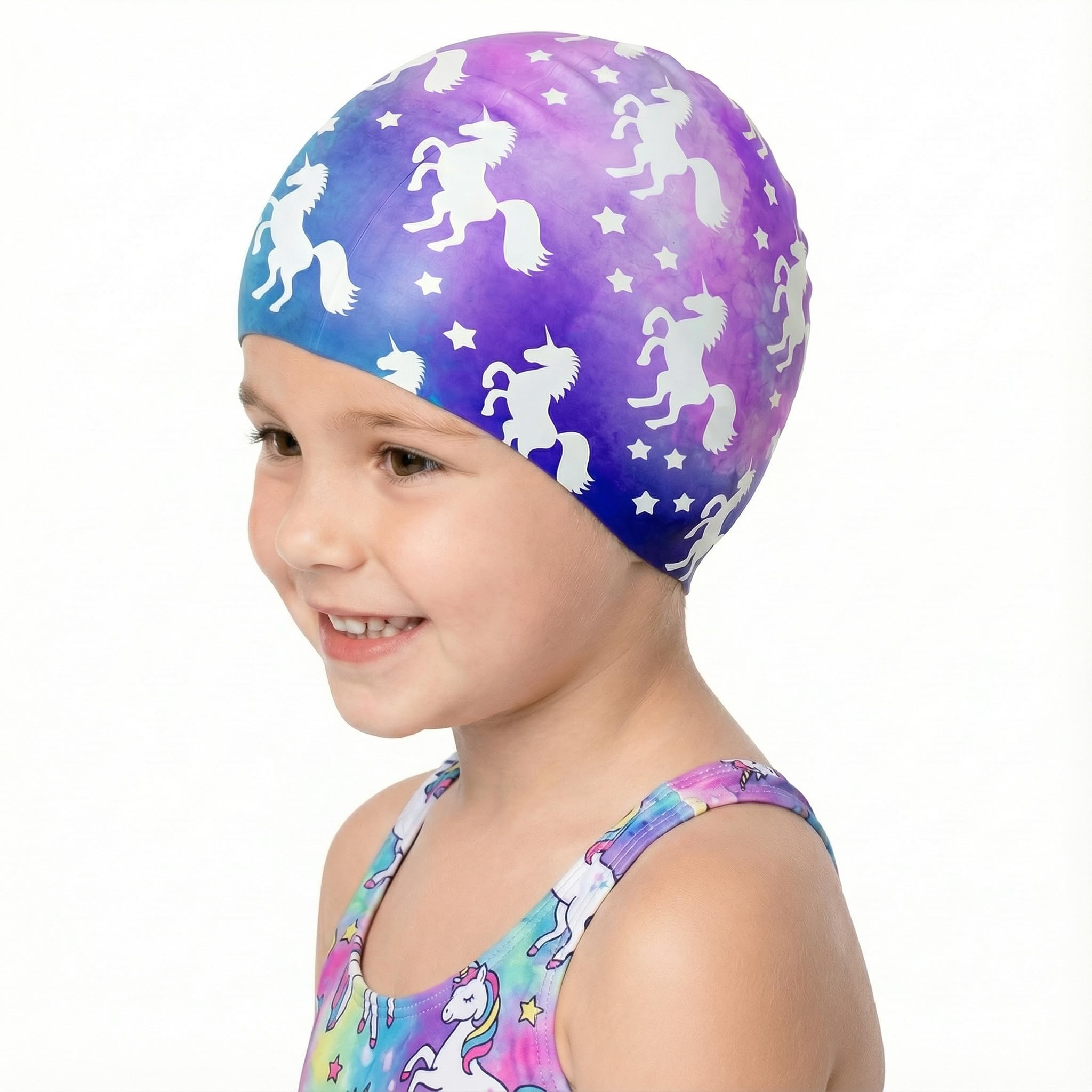 Kids Swim Cap Silicone Waterproof Swim Caps for Boys Girls (3-12 Years) Unicorn Mermaid Design Swimming Cap for Kids 3-12 Long and Short Hair (B-Unicorn)
