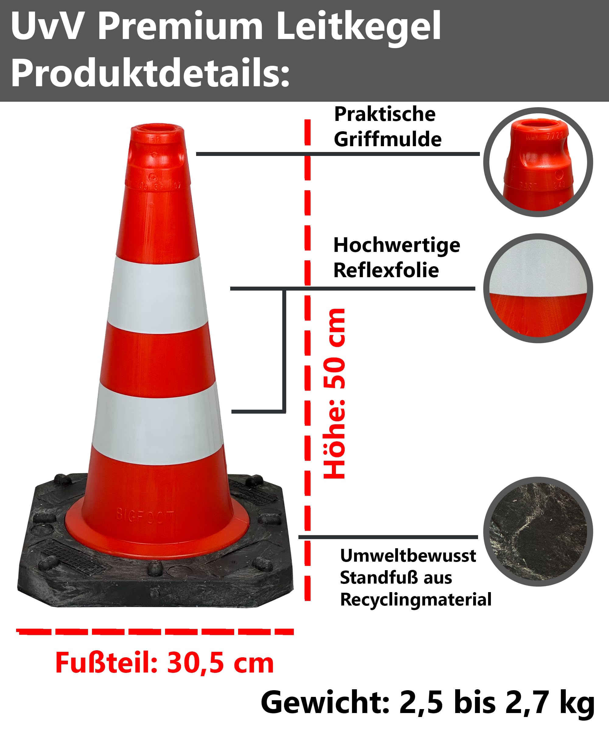 6er-Pack Premium Qualitäts Pylonen 500mm - langlebige 2,5kg schwere Verkehrshütchen standsicher - reflektierende Folienstreifen