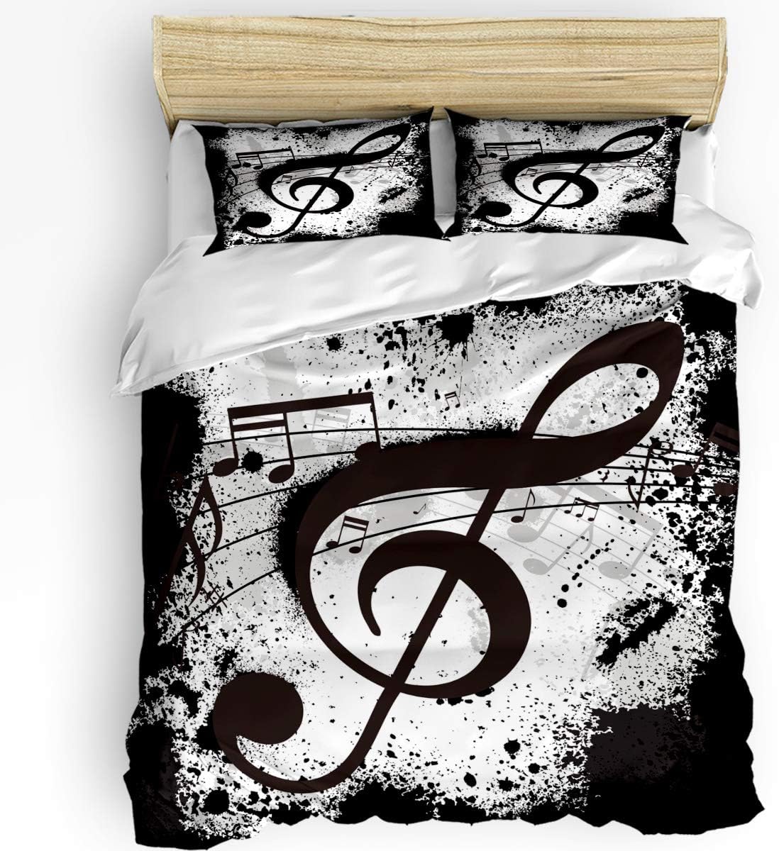 New Arrivals Image Duvet 3Pieces Bedding Sets Home Comforter Music Bedspread Bed Sheet for King Size Adult Kids,Flat Sheet,2 Pillow Shams Set- Musical Note Black White Old