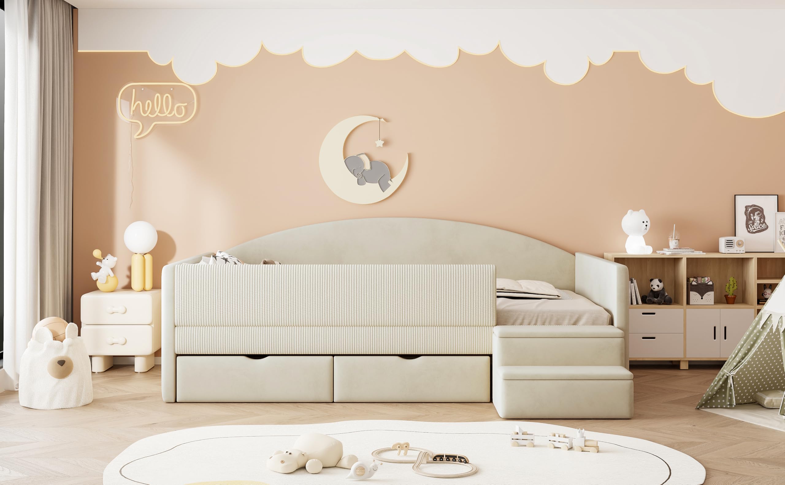 Canapé Lit Rembourré 90x190 cm avec 2 Tiroirs, Garde-Corps et Marchepied, Tissu Velours Doux et Confortable, Structure Bois, Idéal pour Chambre d'enfant, Salon et Chambre d'amis