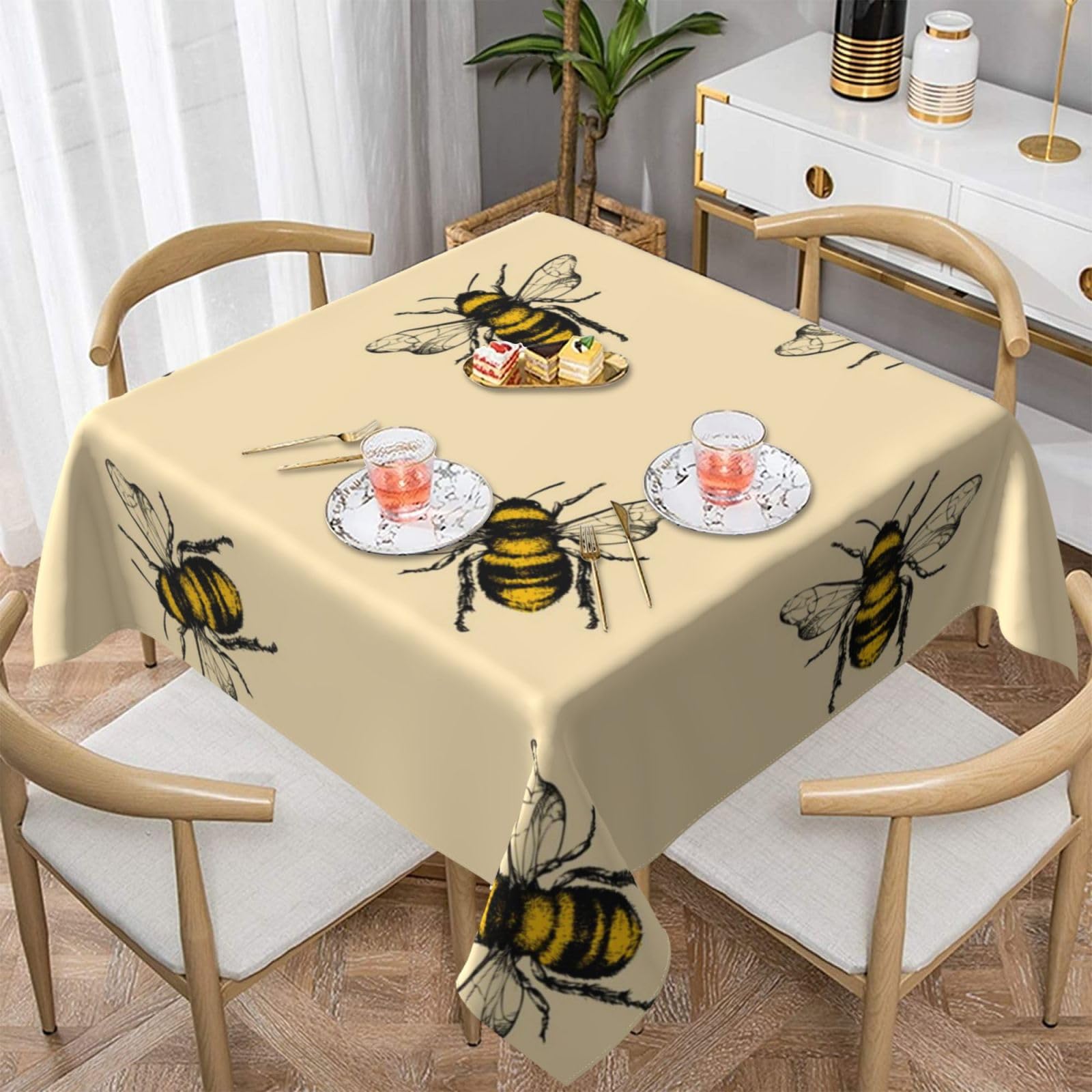 DCEHGEW Honey Bee Prints Square Tablecloth 137x137 CM, Waterproof Fabric Table Cloth for Dining Table, Farmhouse Table Cover for Kitchen Dining Tabletop Decoration
