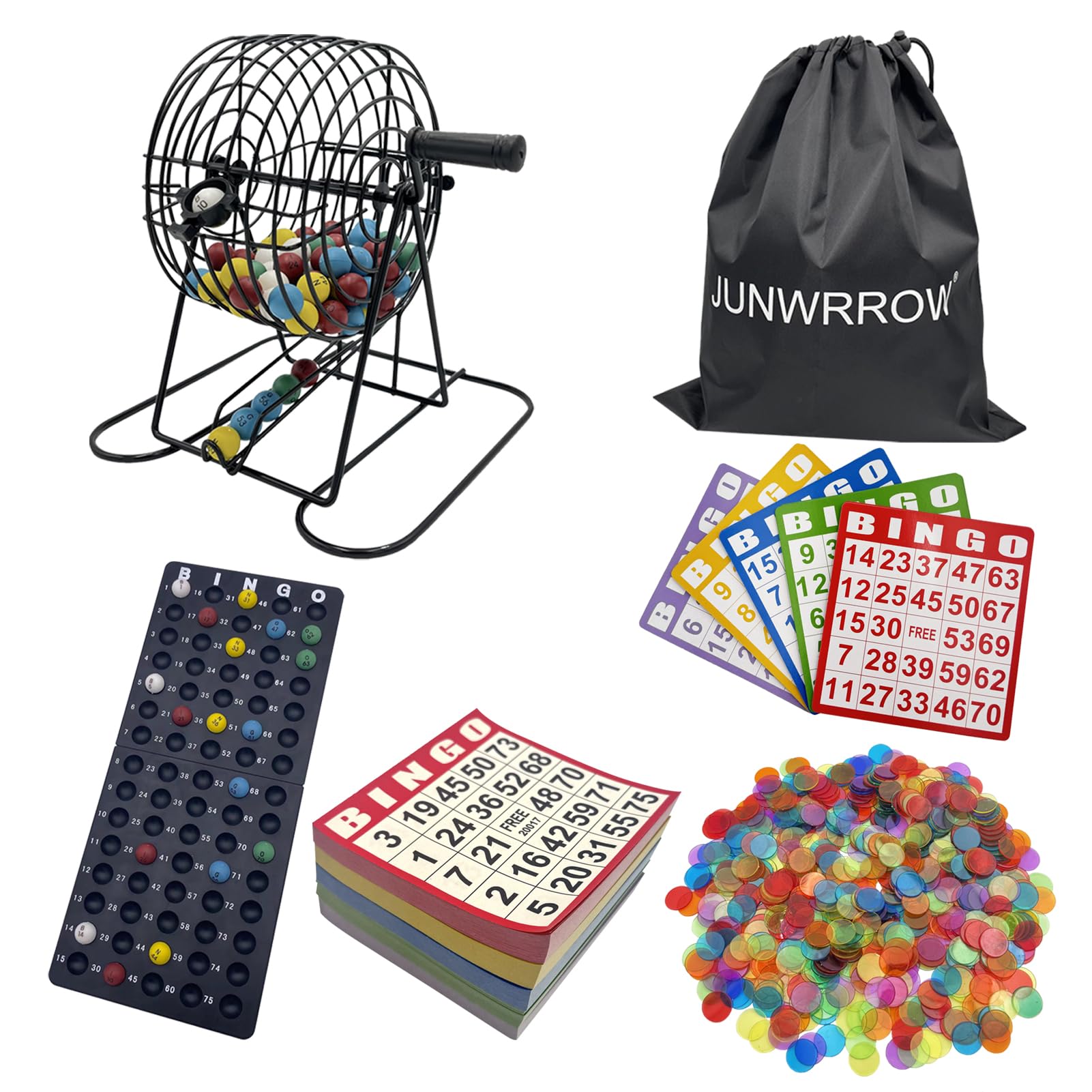 JUNWRROW Deluxe Bingo Game Set- 6inch Wheel Cage,500 Colorful Chips with a Bag,50 Bingo Cards,500 Sheets Paper Cards,75 Balls with a Bag,Master Board, Storage Bag -Ideal for Large Groups, Parties