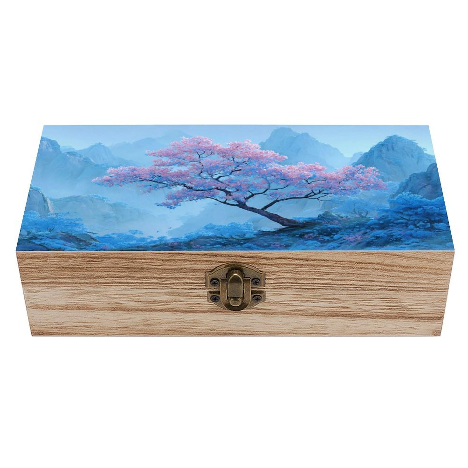 Ahdyr As Pic Blue Tree With Mountains Wooden Storage Box With Hinged Lid And Front Clasp Large Keepsake Box