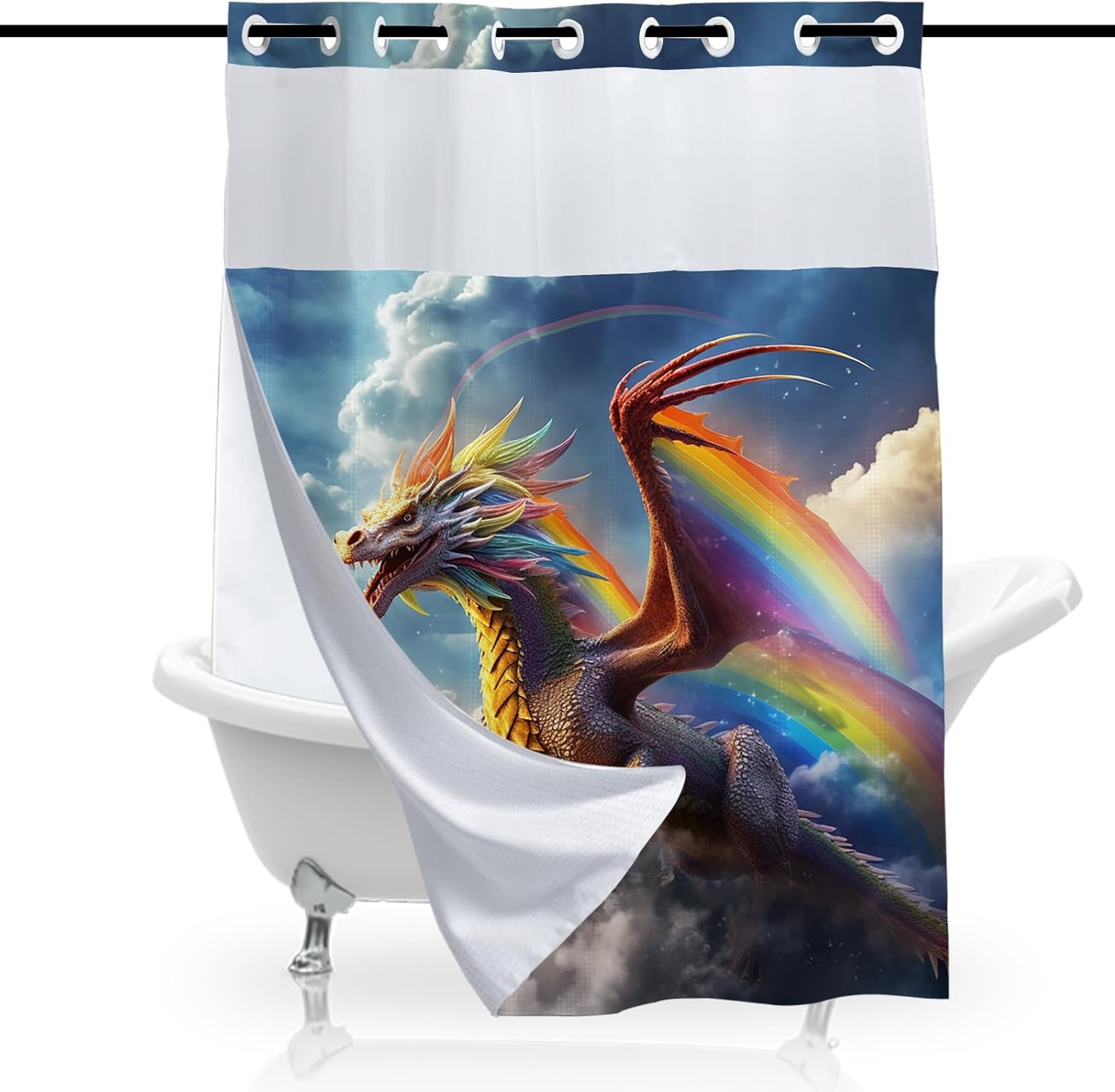 Dragon Cute Shower Curtain for Bathroom, Waterproof Waffle Western Rainbow Shower Curtain with Snap in Fabric Liner Set, Heavy Duty Shower Curtains Hotel Spa Luxury Polyester 72Wx74H No Hook