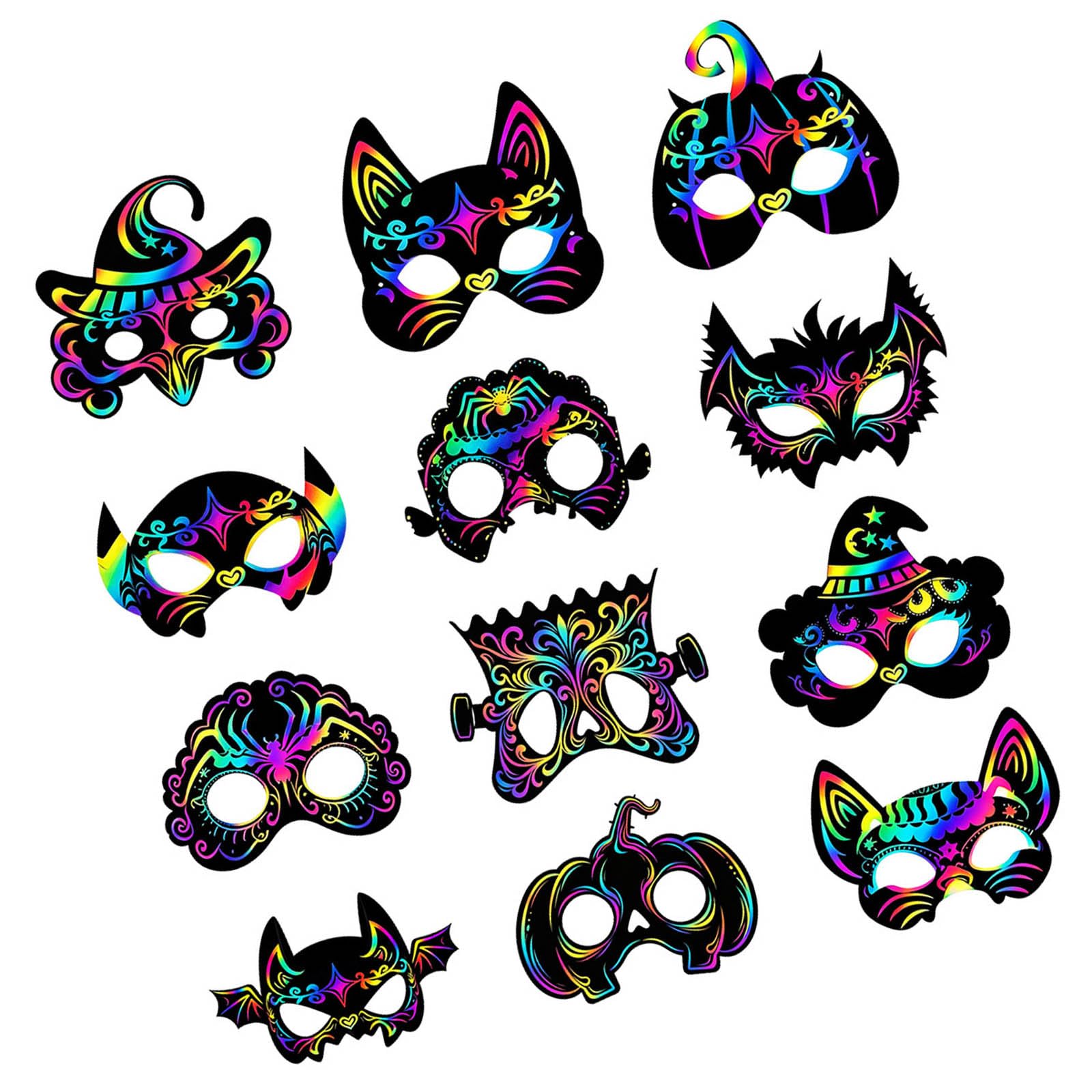 PANGBOER 12Pcs Halloween Black Rainbow Colored Paper with Elastic Strap for Birthday Cosplay Festival Celebration Black Spectrum Disguises