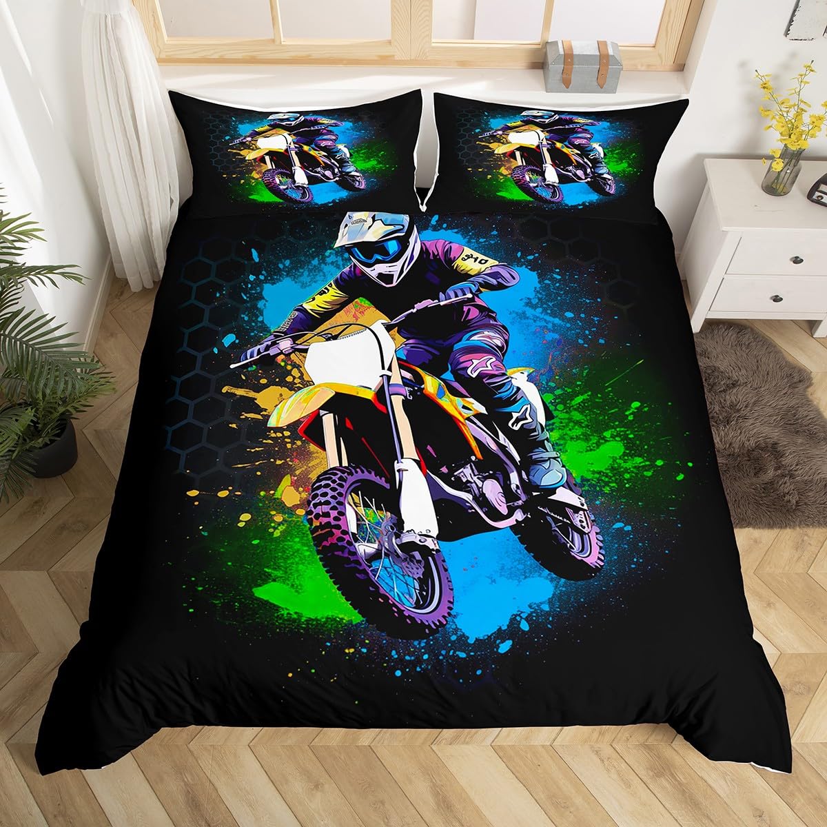 Loussiesd Dirt Bike Duvet Cover Set King Size For Kids Boys Adults Teens Hexagonal Honeycomb Bedding Set Extreme Sports Comforter Cover with 2 Pillowcases Racing Motocross Rider Beds Set,Zipper — image 1