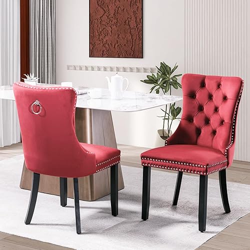 Miniatura 134 de Juego de 6 sillas de comedor de terciopelo, sillas de comedor tapizadas acolchadas con ribete de tachuelas y patas de madera maciza para cocina,