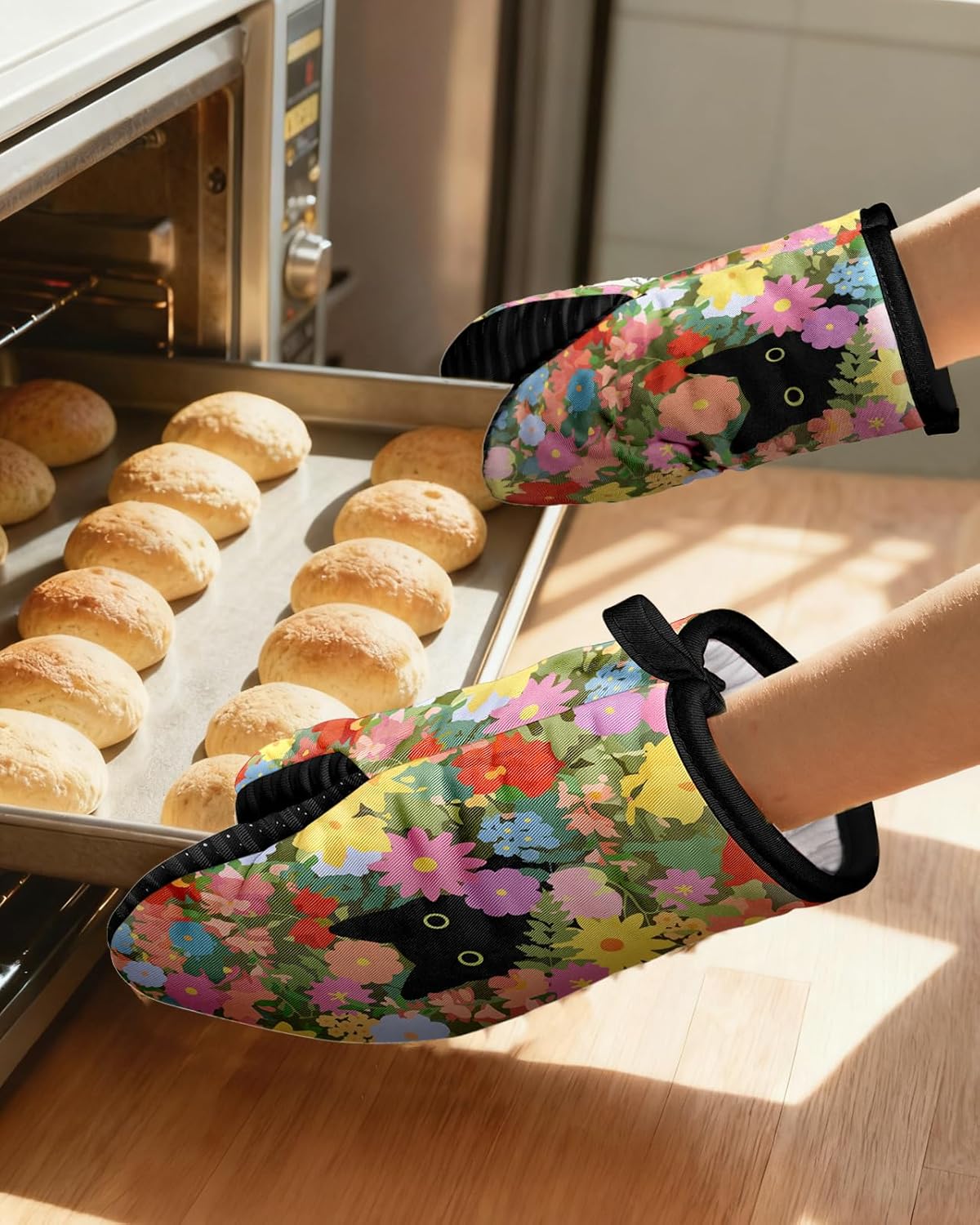 Slohif Cat Mini Oven Mitts Set – Black Extended Short Animal Heat Resistant Kitchen Gloves for Women, 100% Cotton Oven Mitts with Silicone Grips, Non-Slip and Thick Durable for Cooking & Baking - Image 5