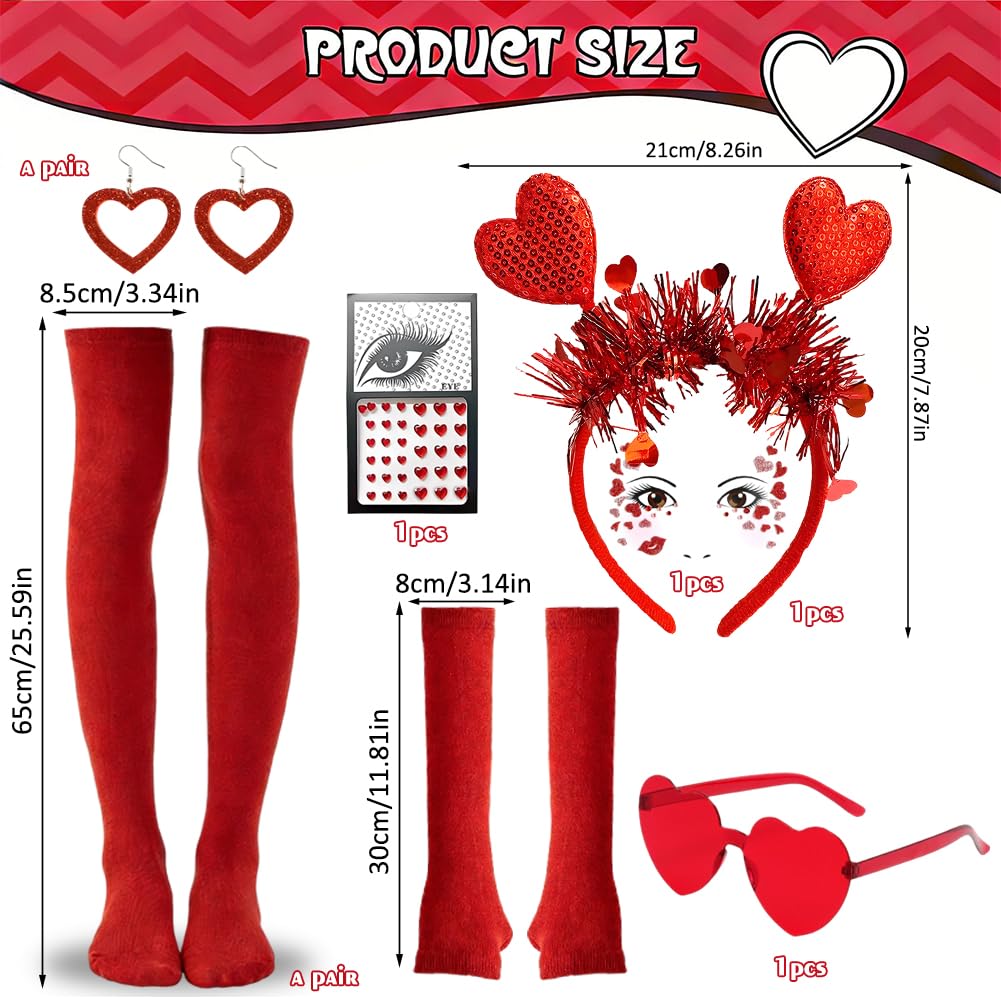 Valentine's Day Costume, Heart-Shaped Headbands, Heart-Shaped Glasses, Red Earrings, Face Glitter Tattoos, Knee-High Socks - Image 2