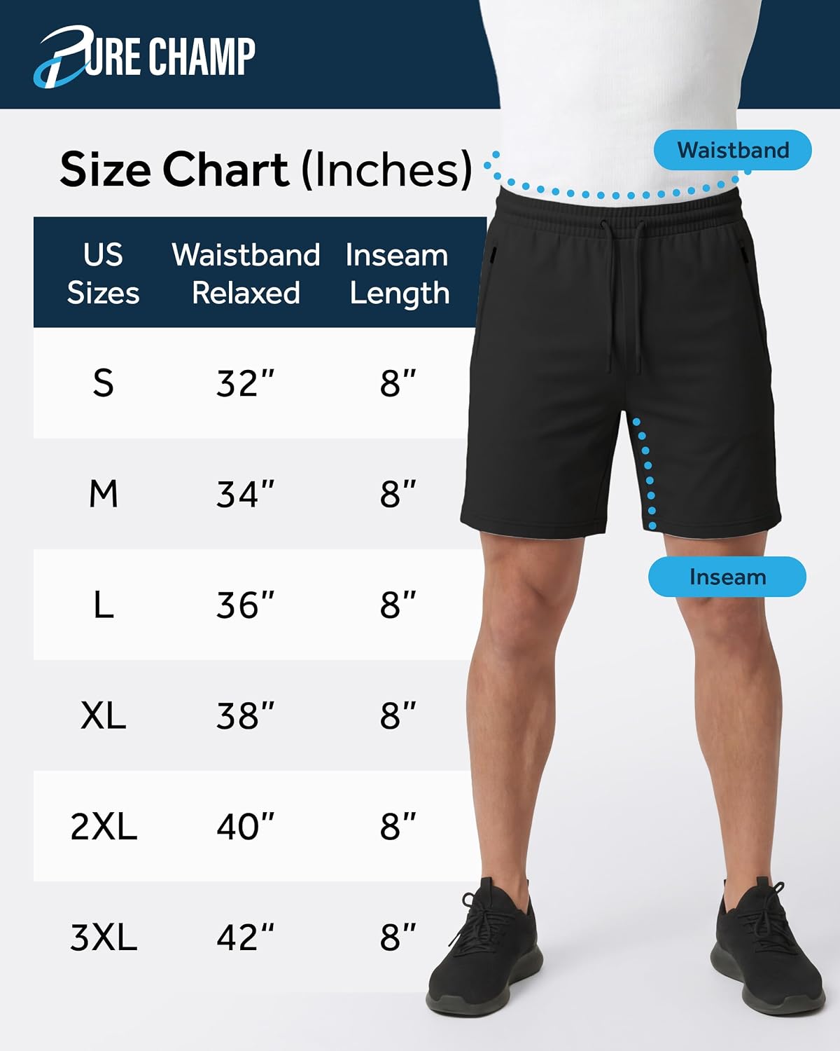 PURE CHAMP Athletic Shorts for Men 3 Pack Casual Shorts 8" Basketball Gym Shorts with Zipper Pockets Size Small- 3XL