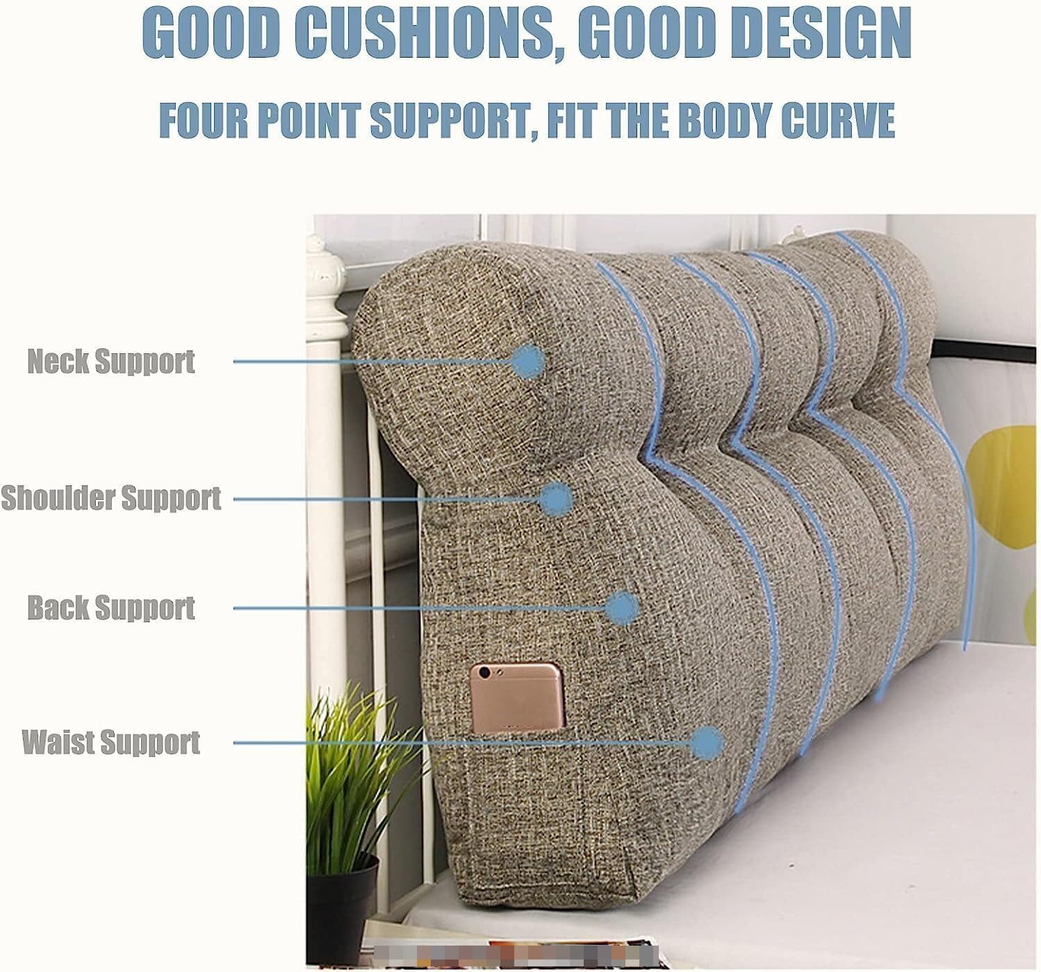 Almohada triangular con funda de forro polar, cojín de apoyo grande para leer y relajarse en la cama, dormitorio, sofá cama, cojín de posicionamiento, gris claro, 150 x 50 x 15 cm