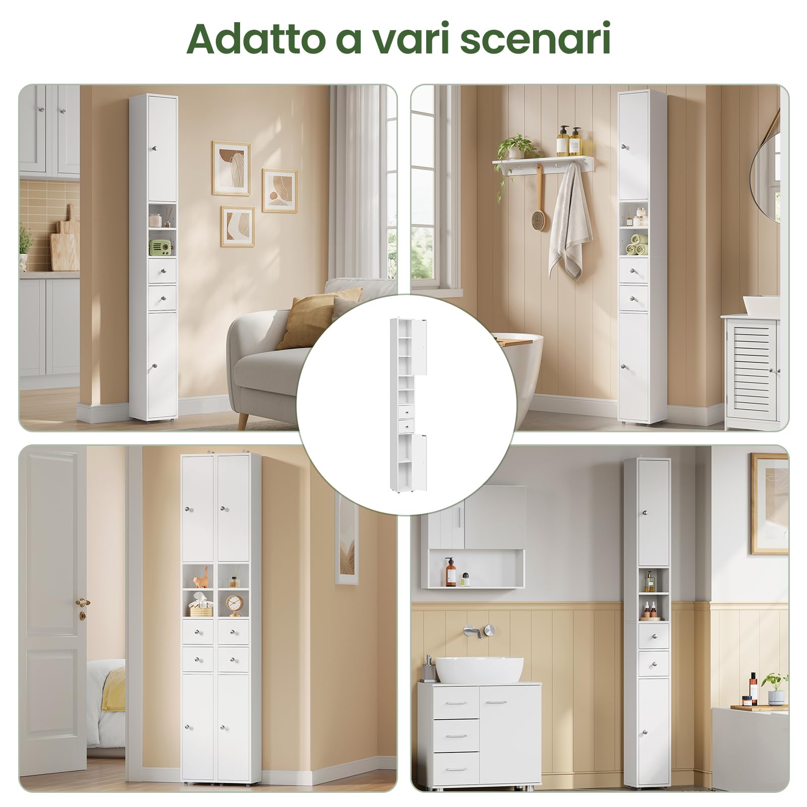 EUGAD Armadio Alto da Bagno, Mobiletto da Bagno, Colonna Bagno Stretta, 20 x 20 x 180 cm, Mobiletto Salvaspazio Stretto, con Ripiani Regolabili, per Spazi Ridotti, Soggiorno, Corridoio, Bianco