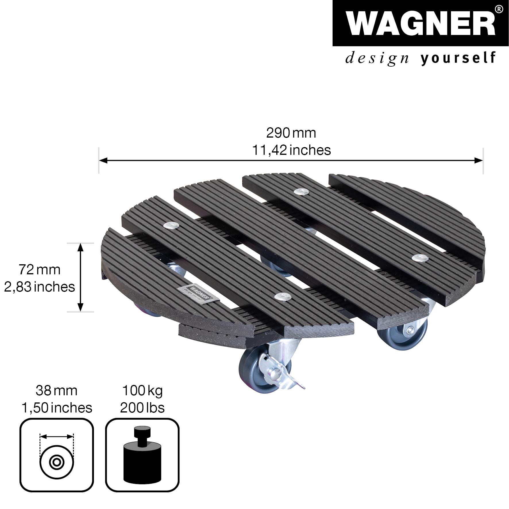 WAGNER Carrello per Piante WPC Ø 29 x 7,5 cm I Carrello per Fiori e Piante per Interni ed Esterni, Antracite I Portavaso Composito di plastica e Legno con 2 Freni I Portata 100 kg - 20052501