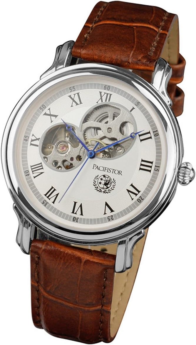 Pacifistor Men's Brown Leather Manul Wind Mechanical Wrist Watch Windup Clock