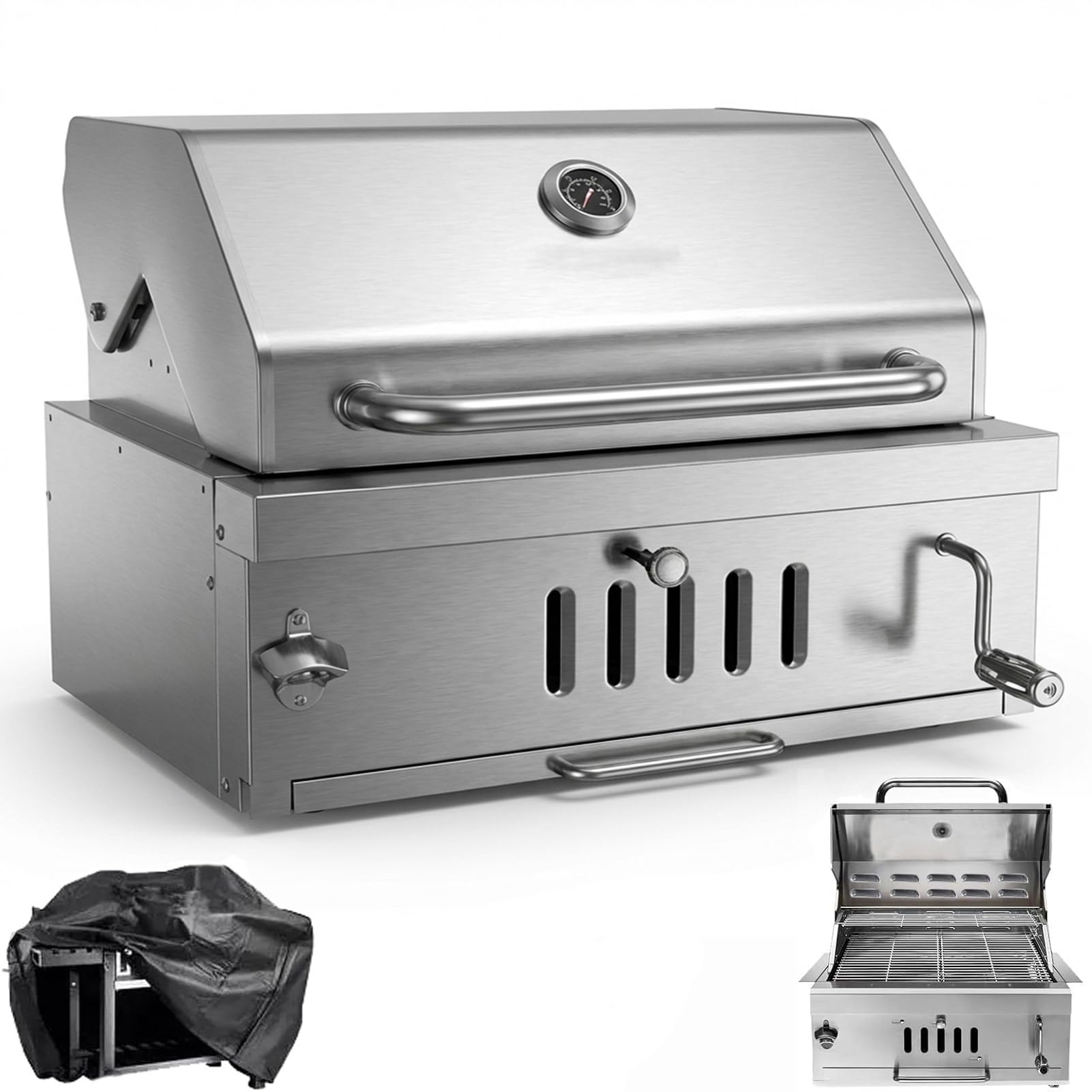 Large Charcoal BBQ Grills, Built in Barbecue Grill with Liftable Tray, Insulated Hood & Temp Gauge, Silver Stainless Steel BBQ Barrel Grill for Outdoor Kitchen Cooking Family Parties Patio Park Style