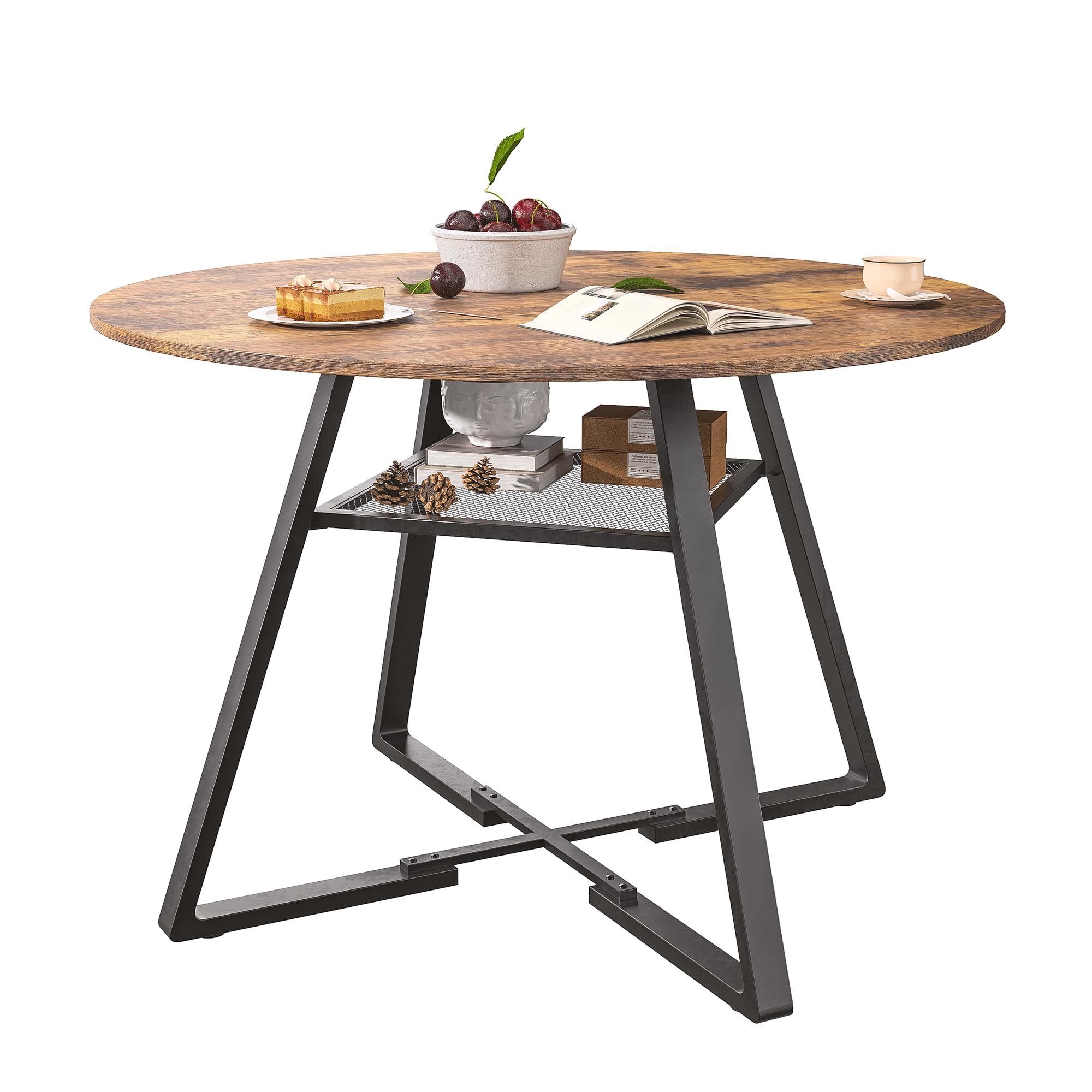 Table à manger ronde en bois pour 4 à 6 personnes, 120 cm, avec 1 étagère ouverte pour salle à manger, cuisine, salon, foncé + kaki (120 × 75 m)