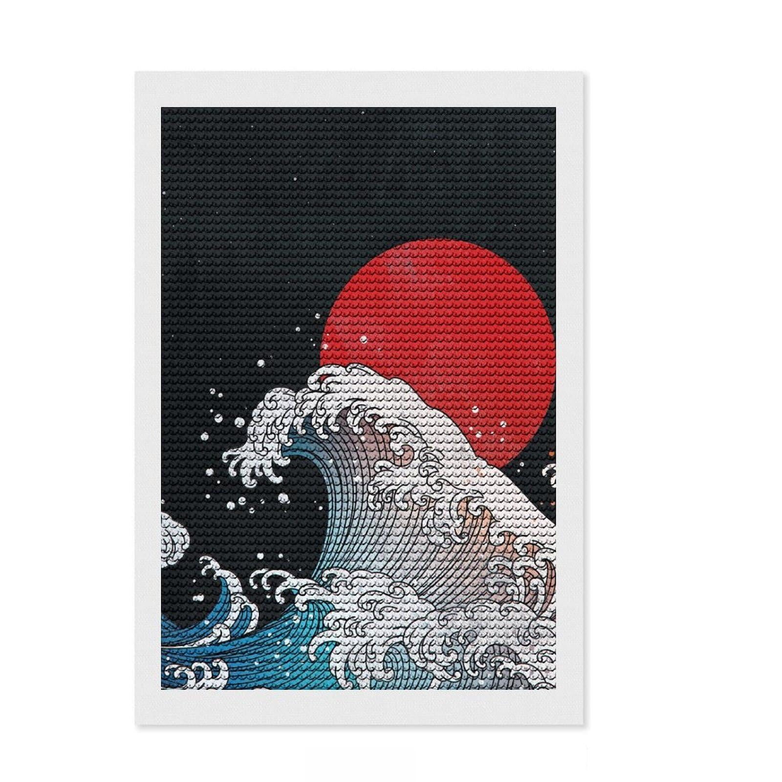 Junmoney Japanese Wave DIY Diamond Art Canvas Kit 8"x12", Sparkling Round Gems, Adhesive Canvas, Office Decor, Holiday Gift Idea