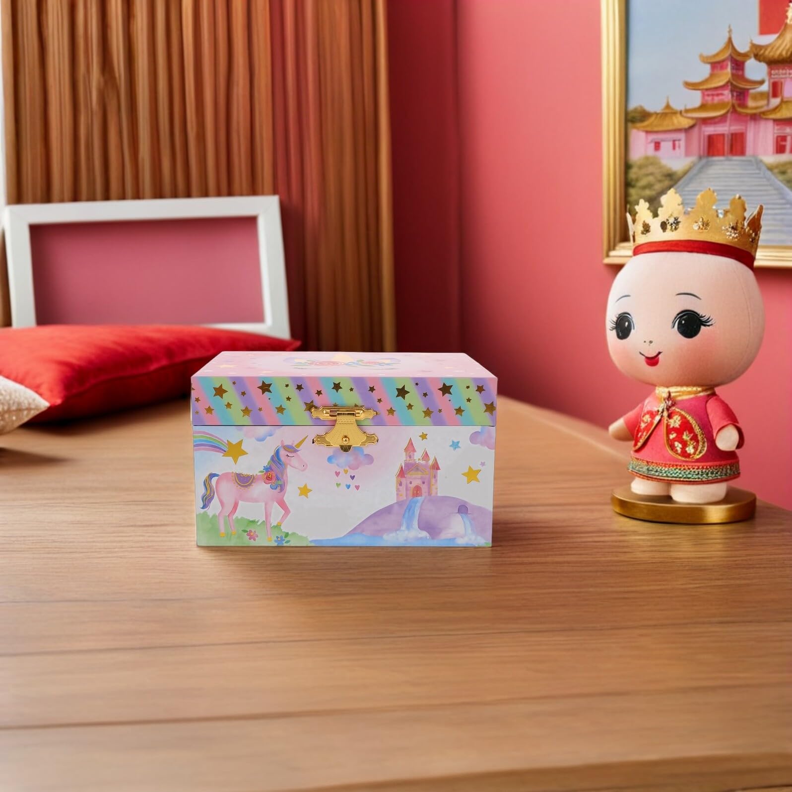 Joyero Musical Caja de Música Decorativa para Niñas con Diseño de Unicornio de Madera y Metal, Organizador Fácil de Usar Adecuado para Cumpleaños y Regalos